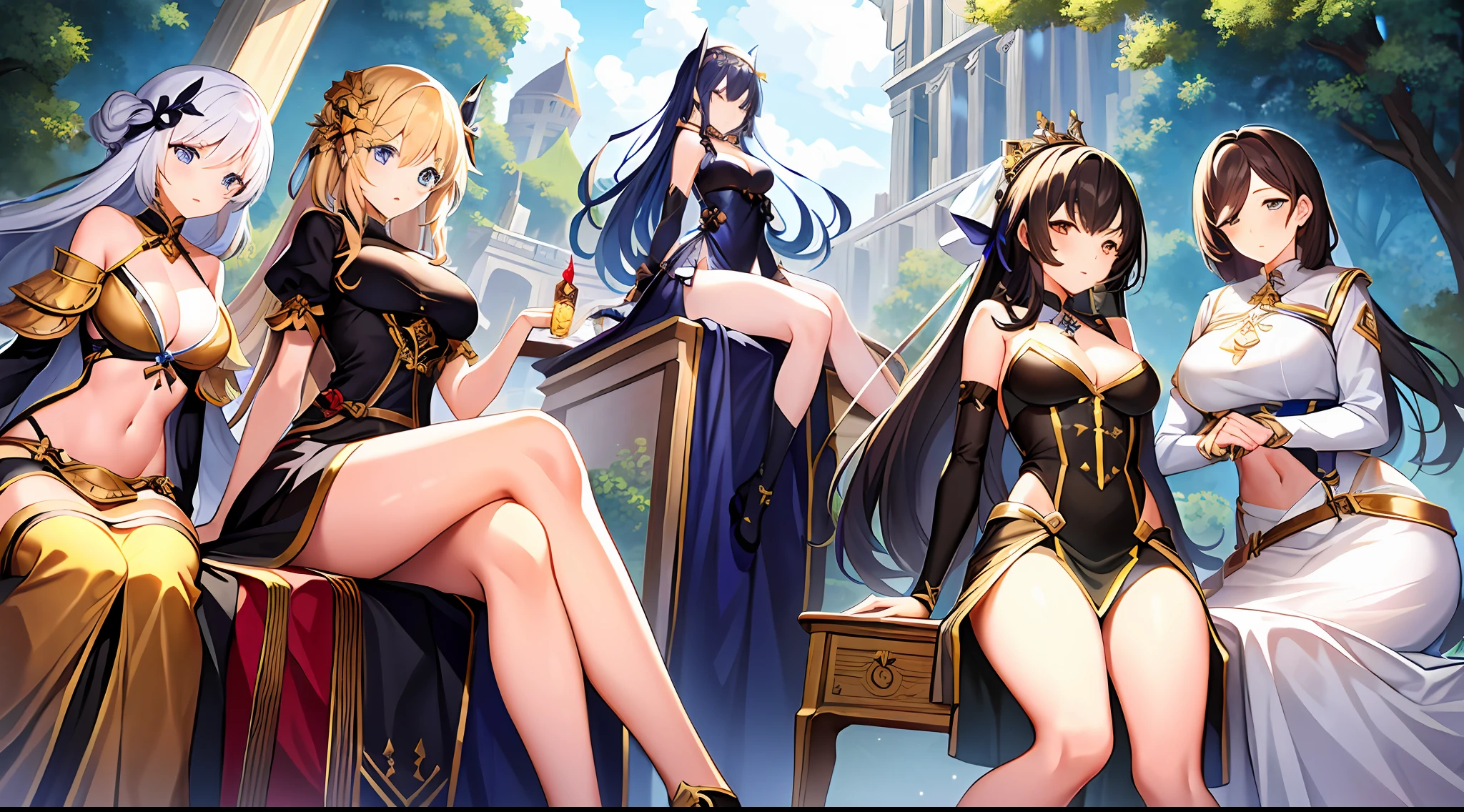 (7+girls:1.3), crossing legs, ((from below)), shining eyes, detailed faces, beautiful fantasy empresses, masterpiece, best quality, best artwork, 8k