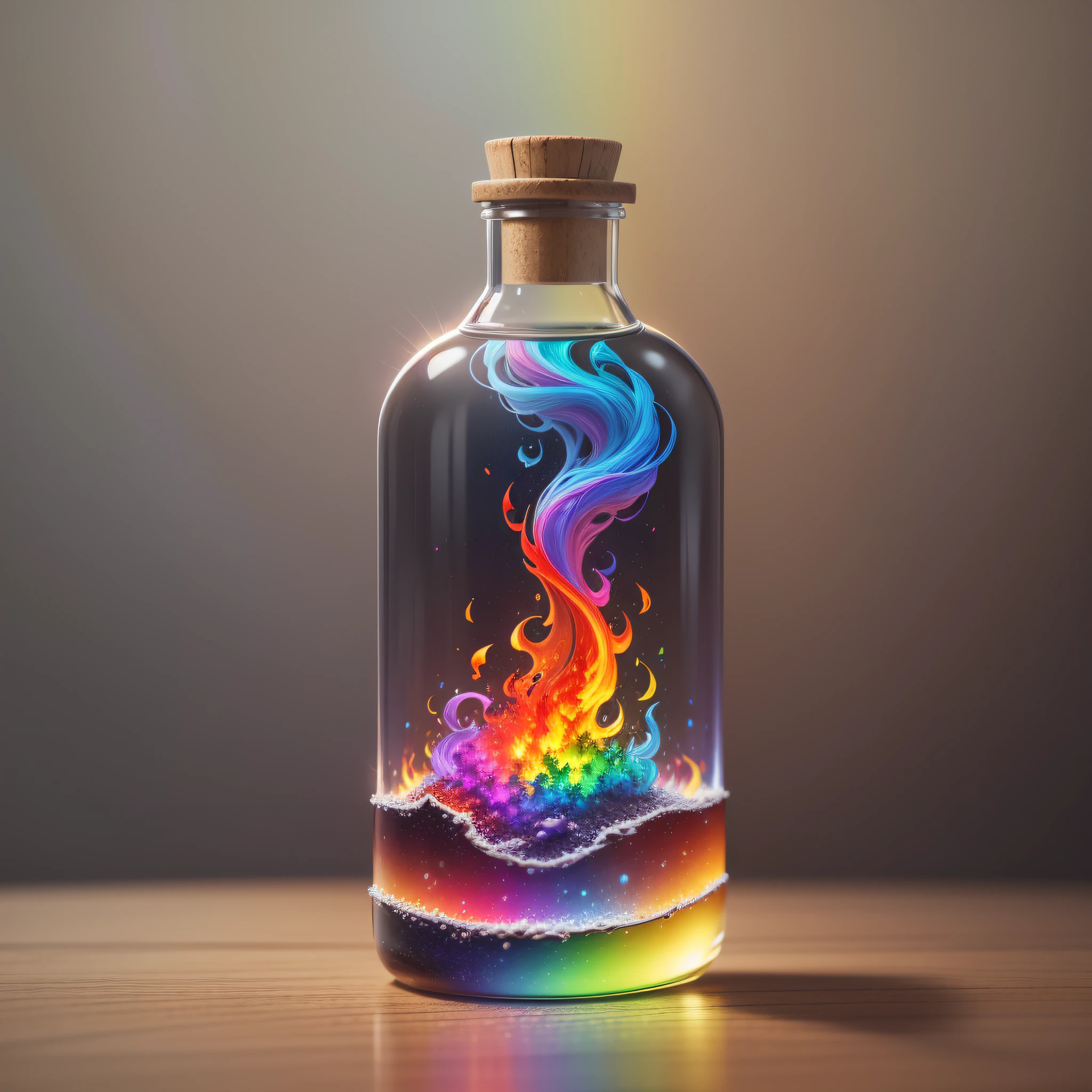 An extraordinary masterpiece that captures the essence of a rainbow flame imprisoned in a seemingly ordinary glass bottle. Rendered in breathtaking 8k resolution, this piece is highly detailed, showcasing impeccable quality that truly sets it apart, (mid-night background)