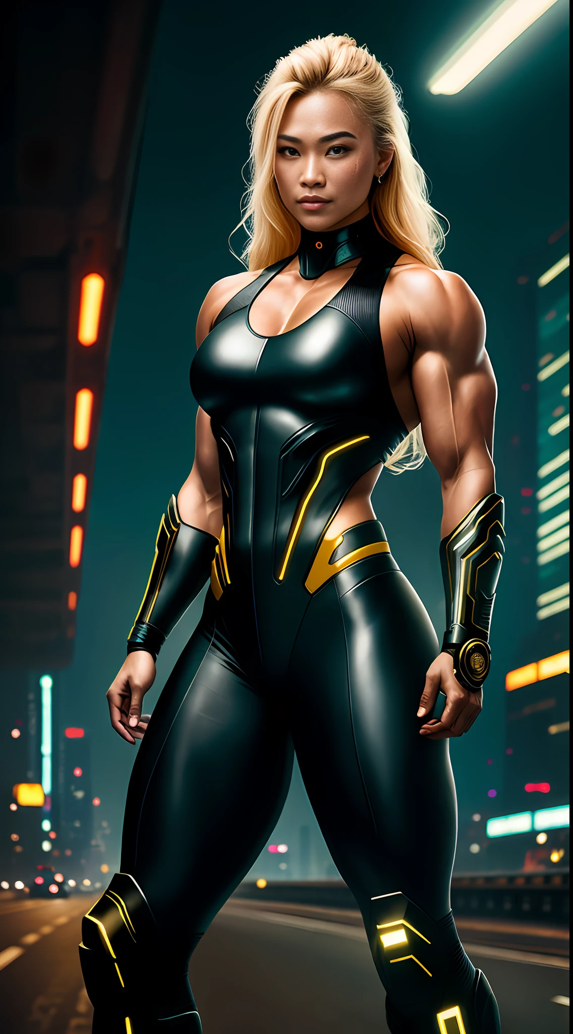 cyberpunk portrait photography, beautiful young thai woman with blonde hair, bodybuilder physique, looking off camera in glowing futuristic, smile, superhero outfit, smiling, super realistic face, eyes visible through hair, proper eye position, natural skin, soft light, rim light, hips, in road side, detailed background, intricate , highly detail, octane render, HD, 8k, by Annie Leibovitz,120mm