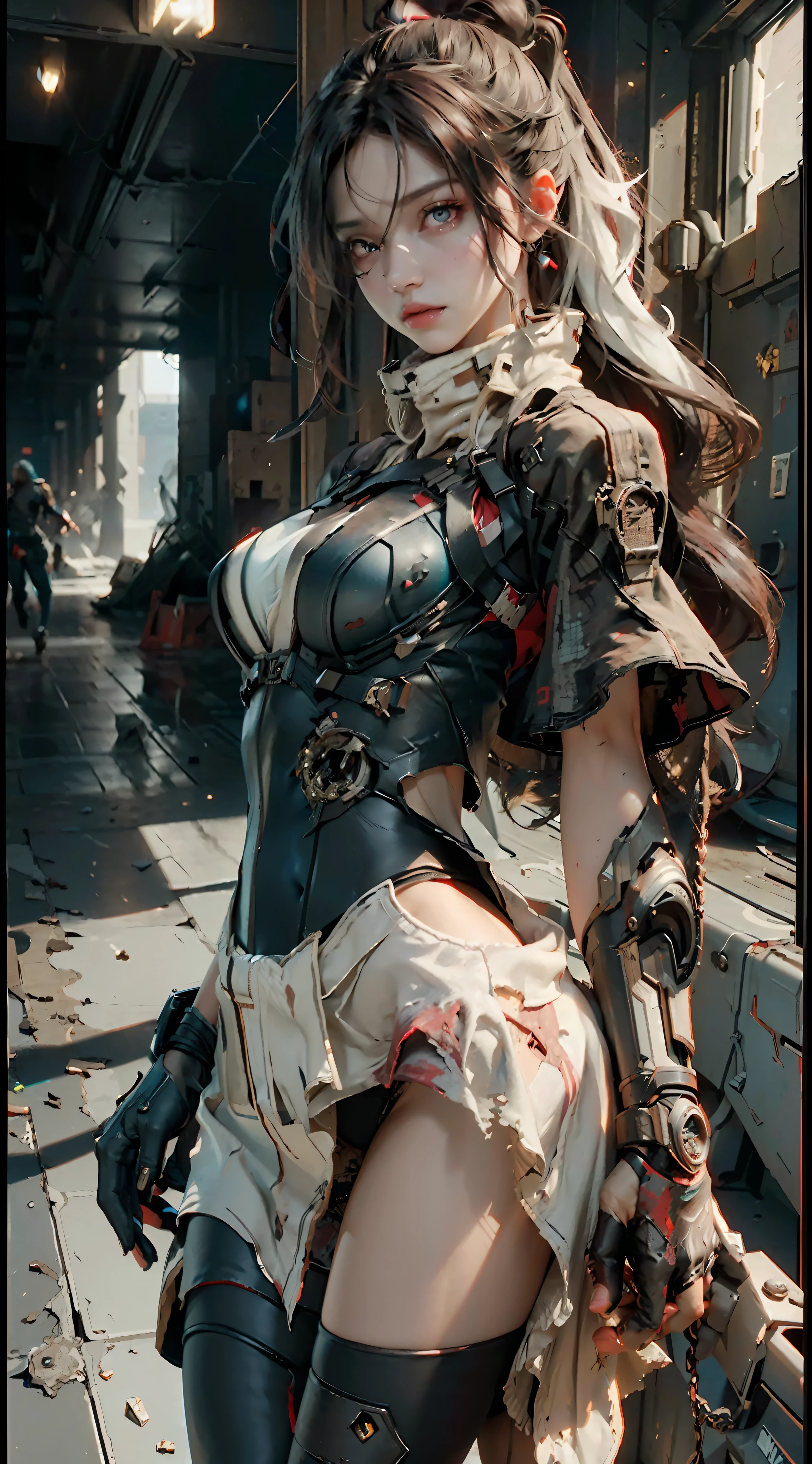 ((Best Quality)), ((Masterpiece)), (Details: 1.4), 3D, A Beautiful Cyberpunk Female Figure, Tattered, Torn, Tattered Clothes, Big Wave Hair, Red Eyes, Chains, Open, HDR (High Dynamic Range), Ray Tracing, NVIDIA RTX, Super-Resolution, Unreal 5, Subsurface Scattering, PBR Texture, Post Processing, Anisotropic Filtering, Depth of Field, Maximum sharpness and sharpness, multi-layer textures, albedo and highlight maps, surface shading, accurate simulation of light-material interactions, perfect proportions, Octane Render, two-color light, large aperture, low ISO, white balance, rule of thirds, 8K RAW,