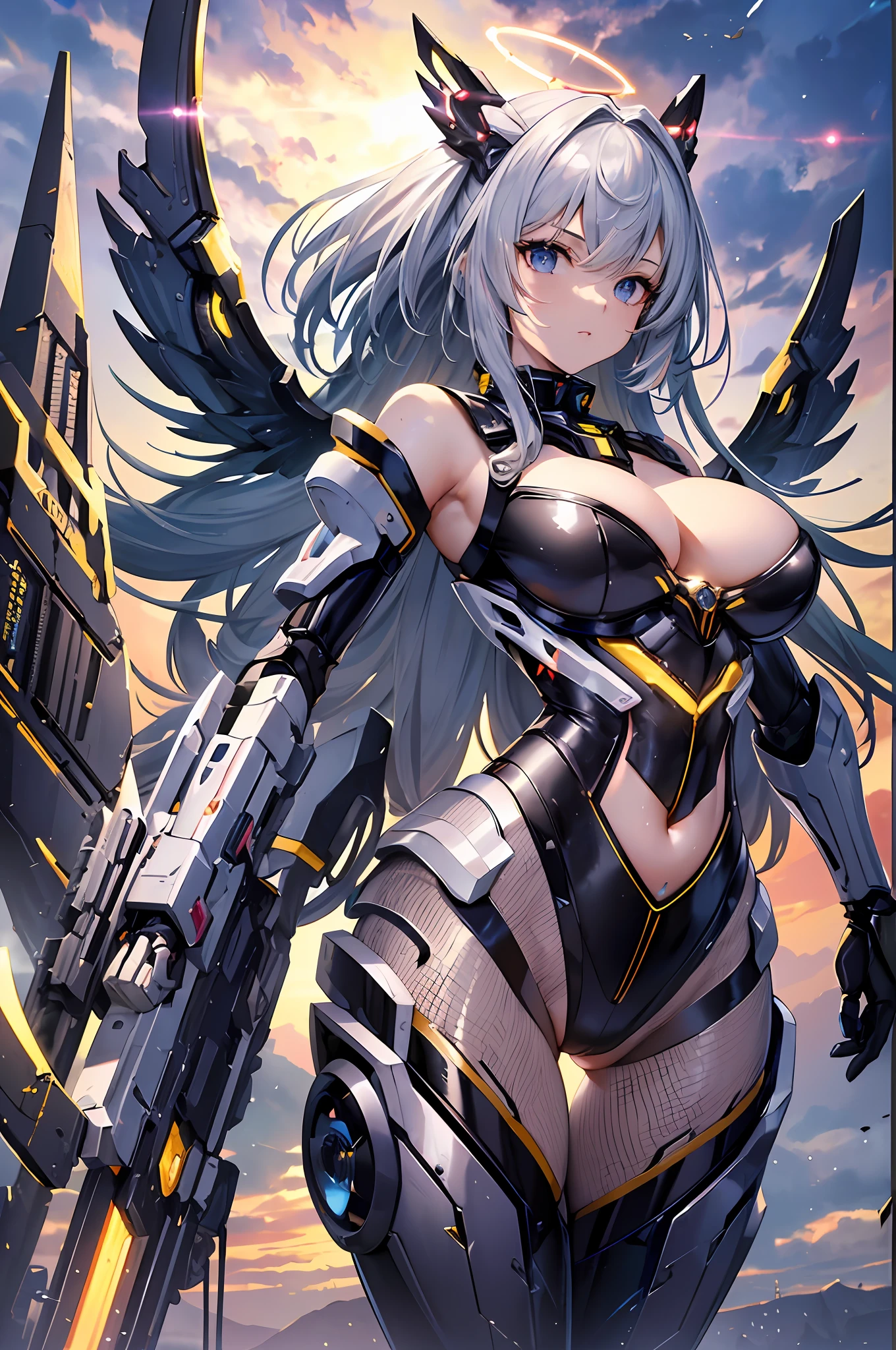 Top quality, masterpiece, fine detail, ultra-detailed, accurate depiction, highly detailed 8k wallpaper, one girl, action pose, (sexy mecha girl: 1.3),five perfect fingers, (mechanical halo: 1.2), black giant weapon, giant laser rifle, (detailed exposed exoskeleton leotard: 1.2), (complex mechanical limbs: 1.1), bare shoulders and sides, Mesh material to fill gaps in machines, (glowing wings: 1.3), flat chest, huge breasts, wide hips, (sharp-angled headgear on both sides of the head: 1.2), gray hair, horizon, sunset, first star,