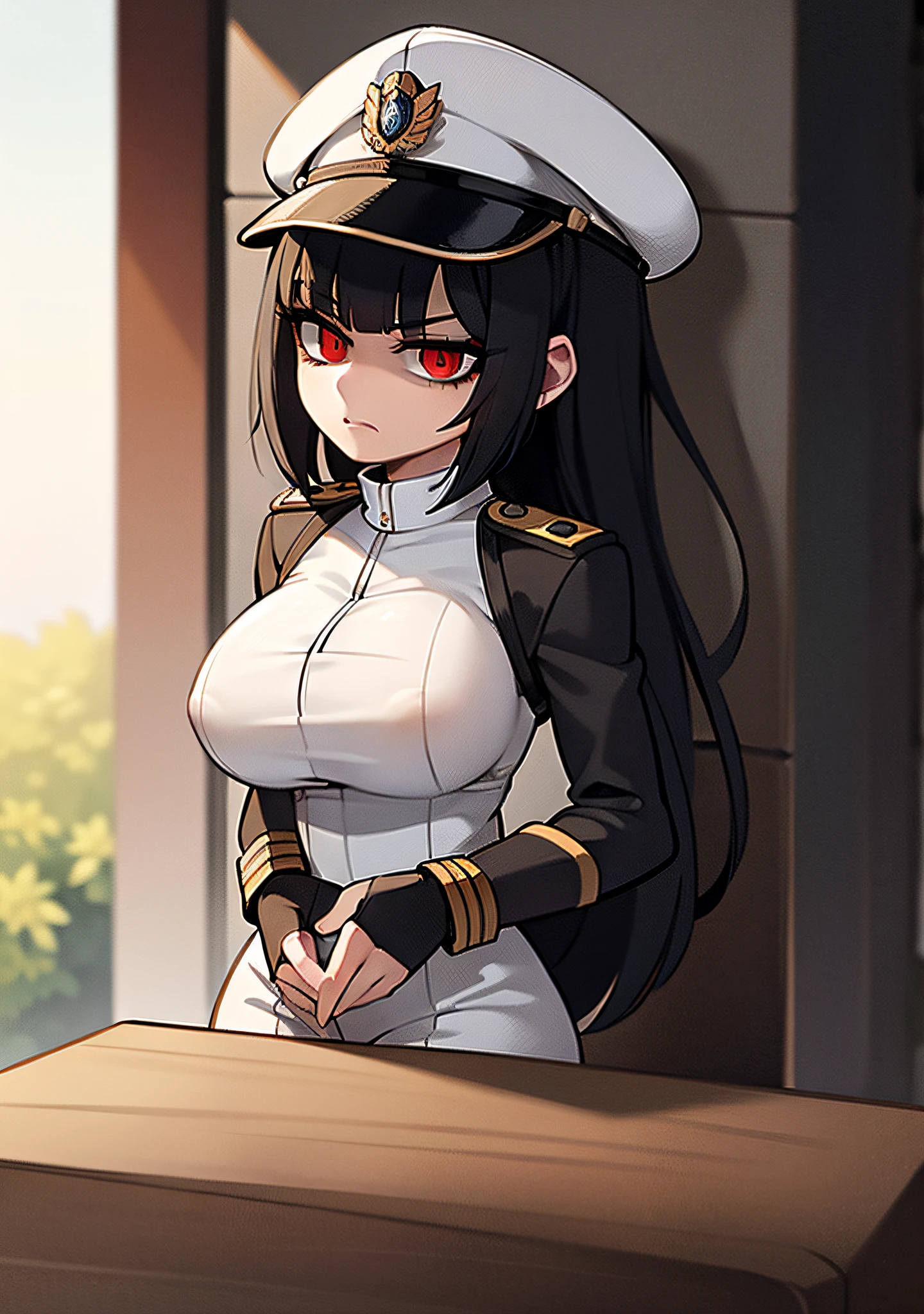 ((Masterpiece, top quality, super definition, high definition)), Solo, Full body, (21-year-old girl in black leather German uniform), wearing an army leather hat, (((Clear expression of body unevenness)), looking at the camera, thin white fabric skukumizu, (sitting with her back to the wall and bent knees), female body, nipple shape stands out,  big breasts, red eyes, bob black hair, front zoom, vertical seat, yandere, blank stare, deep shadows, SFV, dark, detailed hands, tall woman