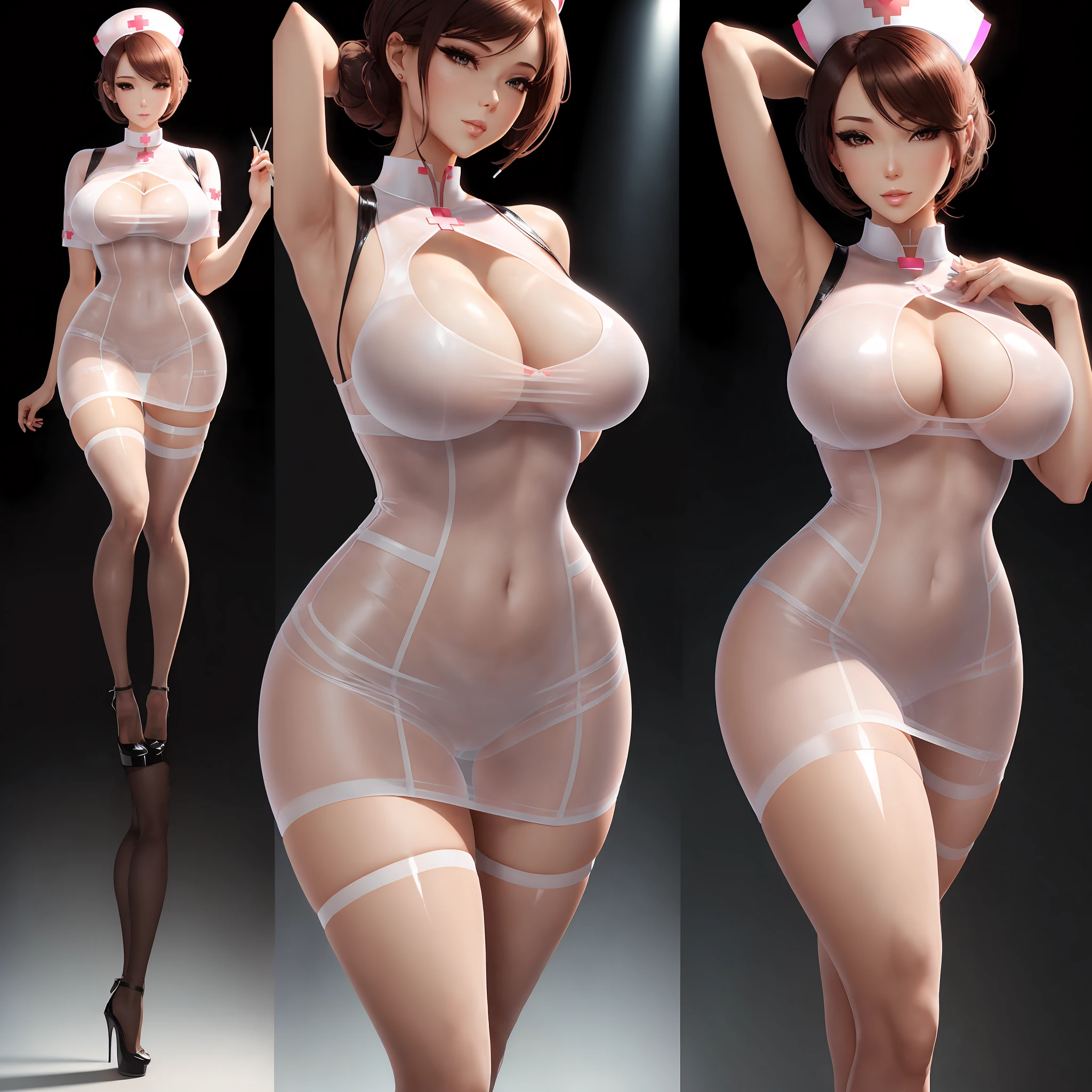 Sexy nurse .seductive face .attractive body .heavy breast.very transparent latex short tight nursing uniform.very short tight uniform .seethrough .pencil cut dress.realistic.high resoluction.full body .high heel .lagging .very short transparent uniform.showing armpit.