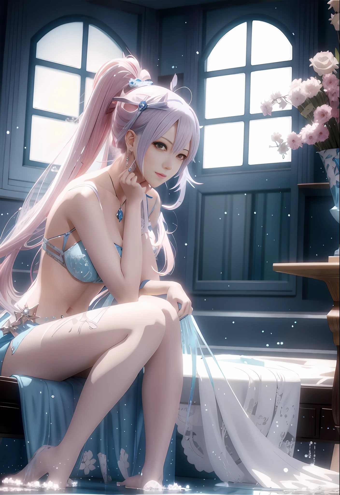 Anime - Style image of a woman in a blue dress sitting in the bathroom, seductive anime girl, guviz-style artwork, beautiful seductive anime woman, powder blue long hair 2.5 D CGI anime fantasy artwork, smooth anime CG art, 8K high quality detail art, guvitz, guvez on pixiv art station, doujin art best art station wet body water drops mist decoration