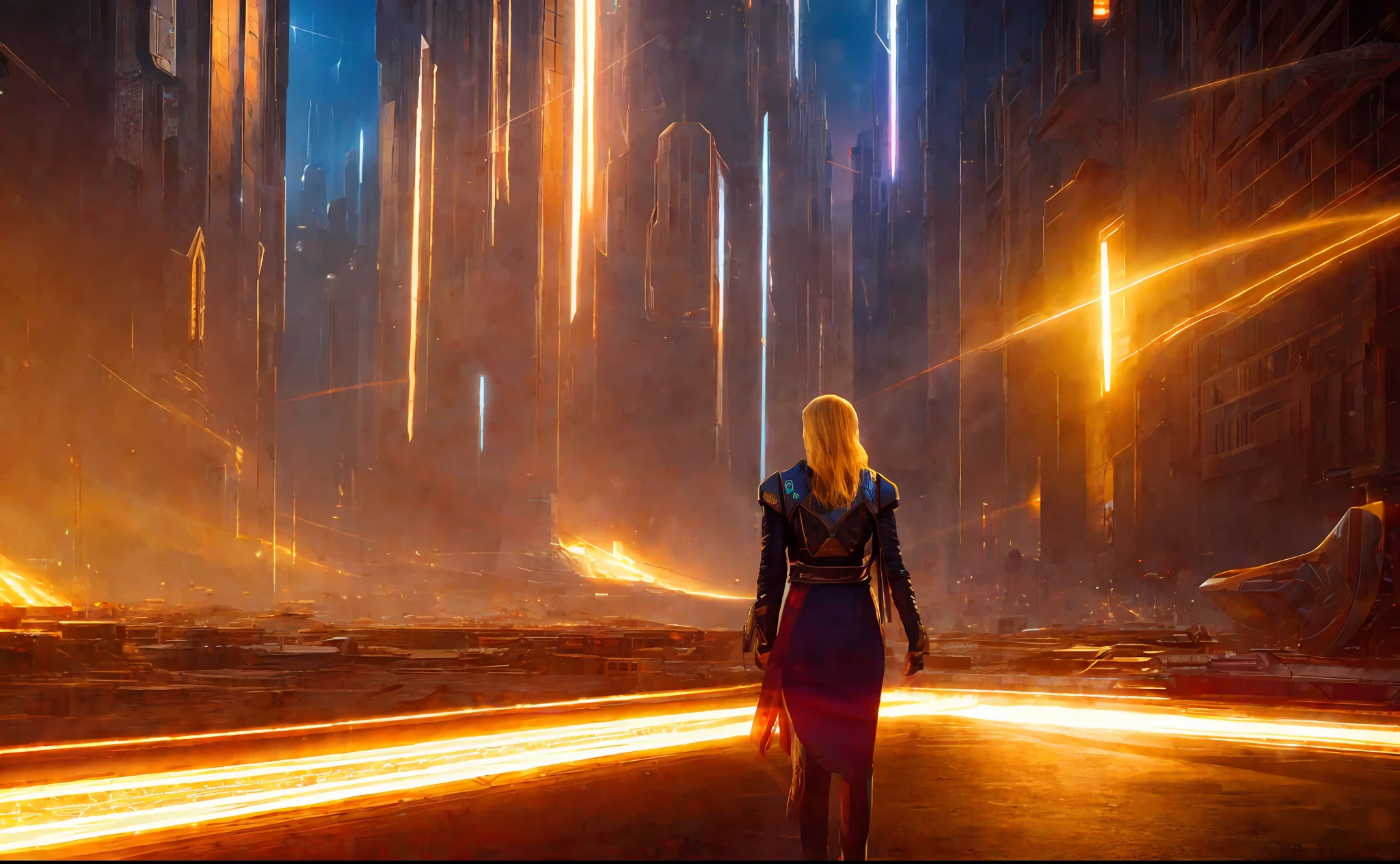 girl on the background of the city, style, Sidon, golden rays light, golden flashes, futuristic sci-fi city landscape, sci-fi, ultra-realistic, high resolution, city