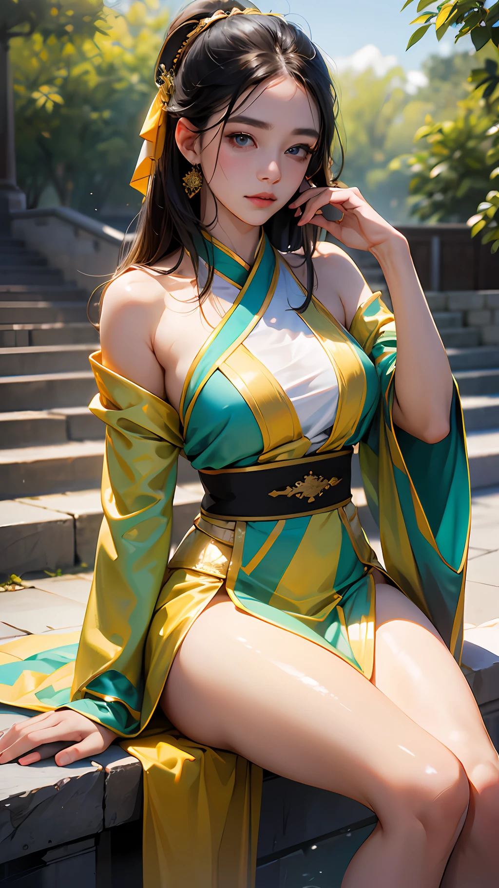 Solo, 1 girl (20 years old), 20 years old girl, young, age down,
(parted lips), faint smile, (thighs),
Gold clothing, gold style, outdoor, (see audience: 1.3), sheer, (light blush),
Detailed eyes, (complex: 1.05), (looking at the audience), (shiny skin, skin dents), wide angle,
Hanfu,
shiny skin, skin dents, best quality, super high resolution, (realistic: 1.4), --auto --s2