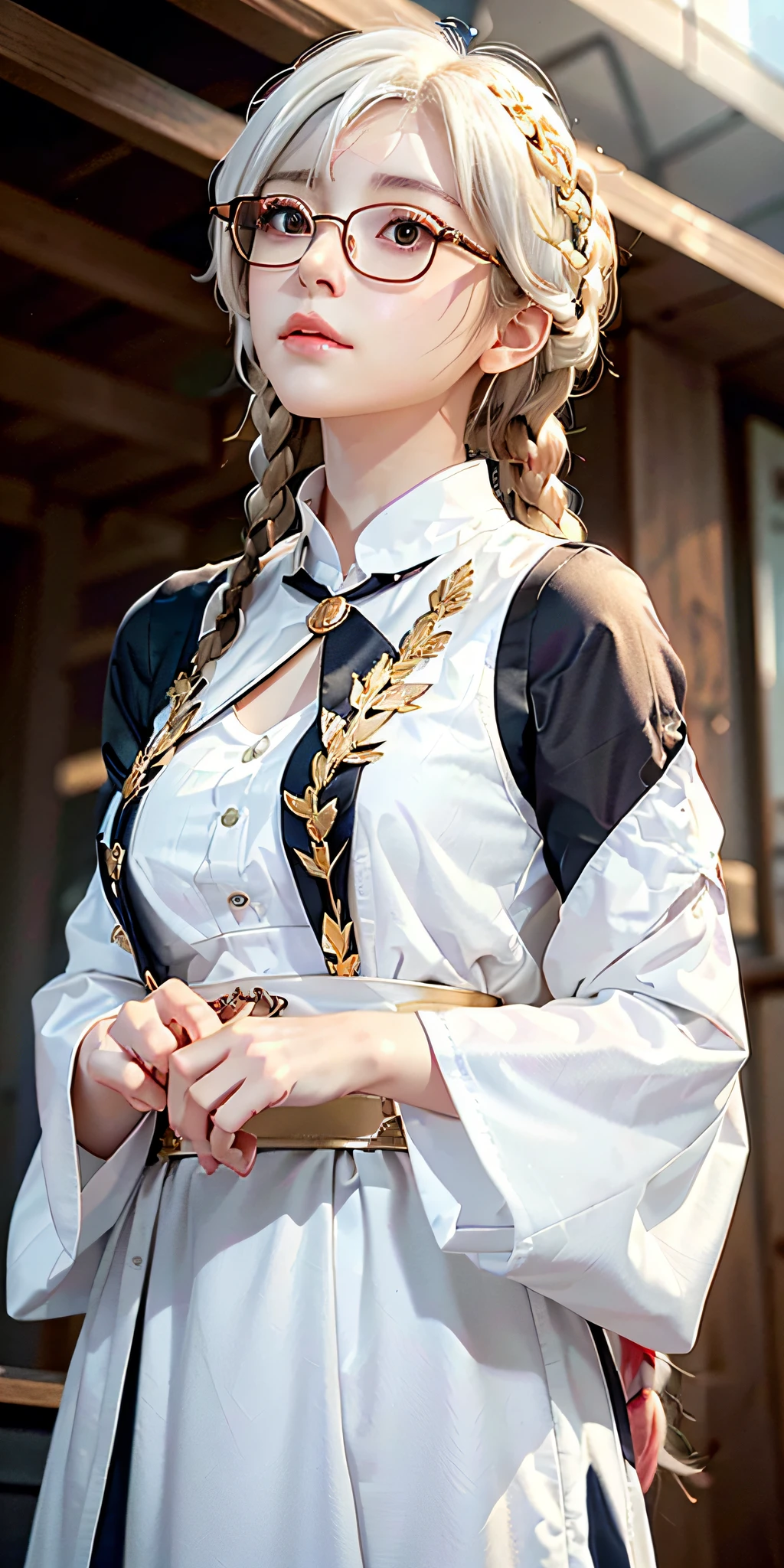 best quality, masterpiece,white hair, gold eyes,white clothes, looking up, upper body,hair strand,Fair skin,side braids,(wearing glasses, extremely detailed)