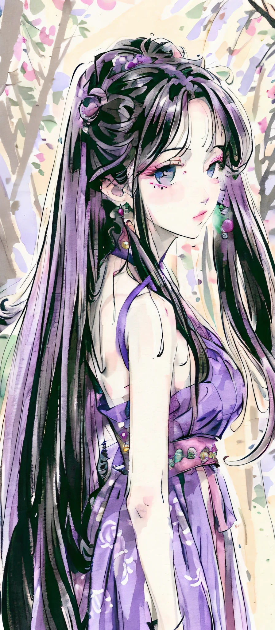 masterpiece, top quality, official art, 8k wallpaper, highly detailed illustration, single woman, woman in her 40s, long hair, adult atmosphere, queen, majesty, pink tint, purple eyes, long hair, detailed eyes, forest, bare shoulders, han clothes, lake, calm, sober eyes, wisteria flower, floral pattern