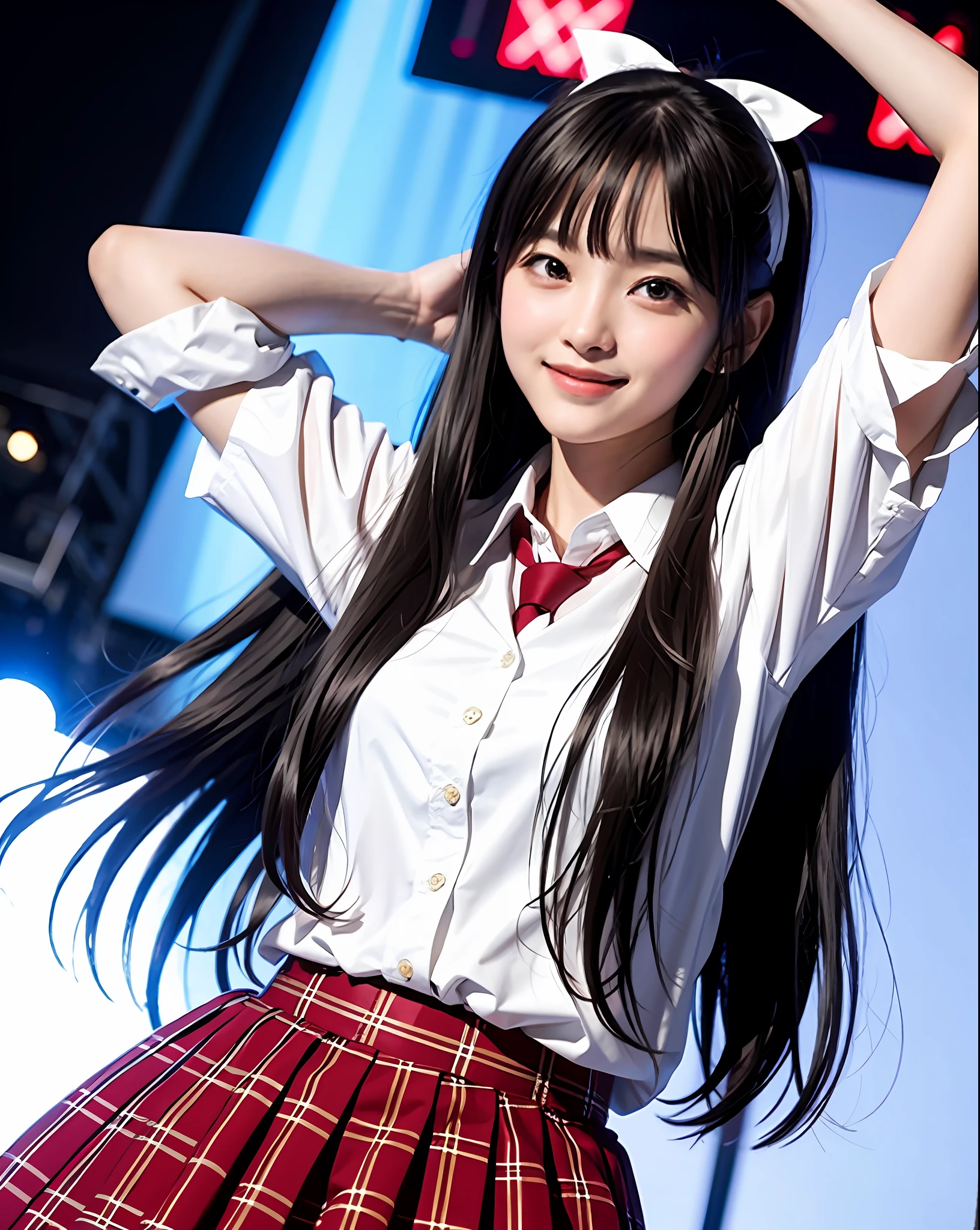 Masterpiece, best picture quality, beautiful girl, , long hair, black hair, bangs, idol outfit, white blouse, short red checked skirt, red checked jacket, ribbon type tie, from waist up, background is live concert venue, detailed eyes, big eyes, puffy eyes, huge smile, facing front, real photo, real photo, double eyelids, Japanese girl, beautiful Asian girl, facing straight on, close-up, white blouse,