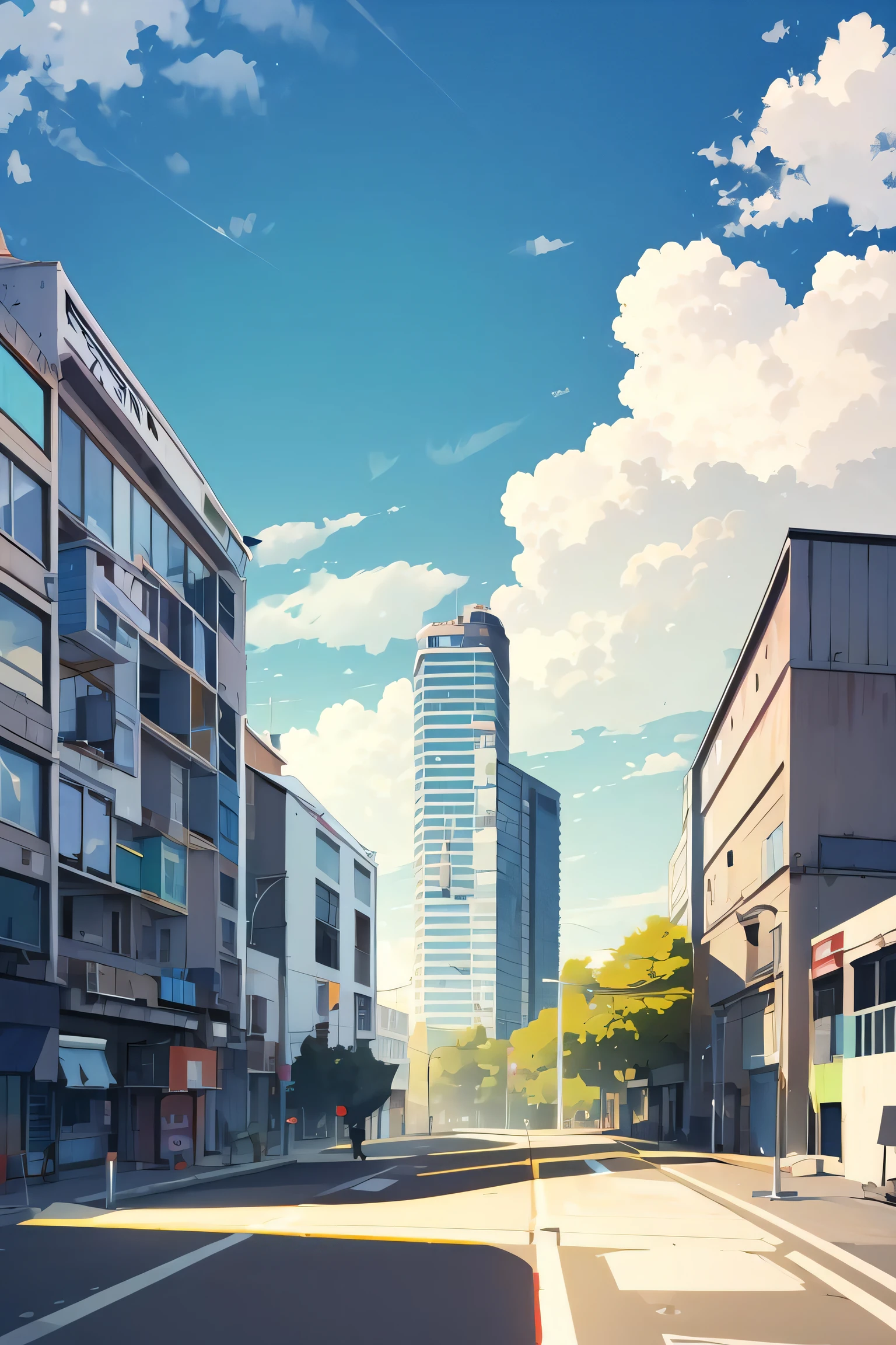 urban area ,  modern building , sunglasses, juice box,  vast blue sky, clouds,