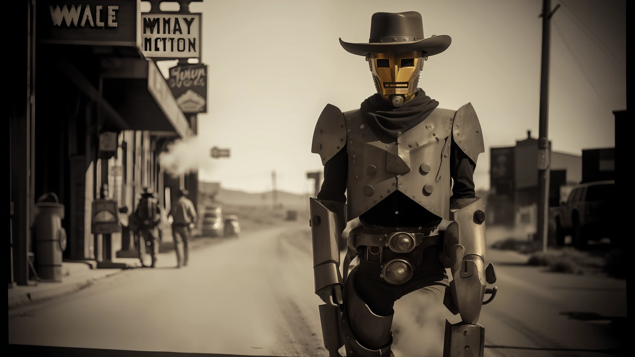 there is a man in a cowboy outfit and hat standing on the street, the golden humanoid robot, cinematic style photograph, walking the wild west wastelands, black-and-white photography, rusty armor, traveller, smoke and dust, mechabot, character mashup, sectoid