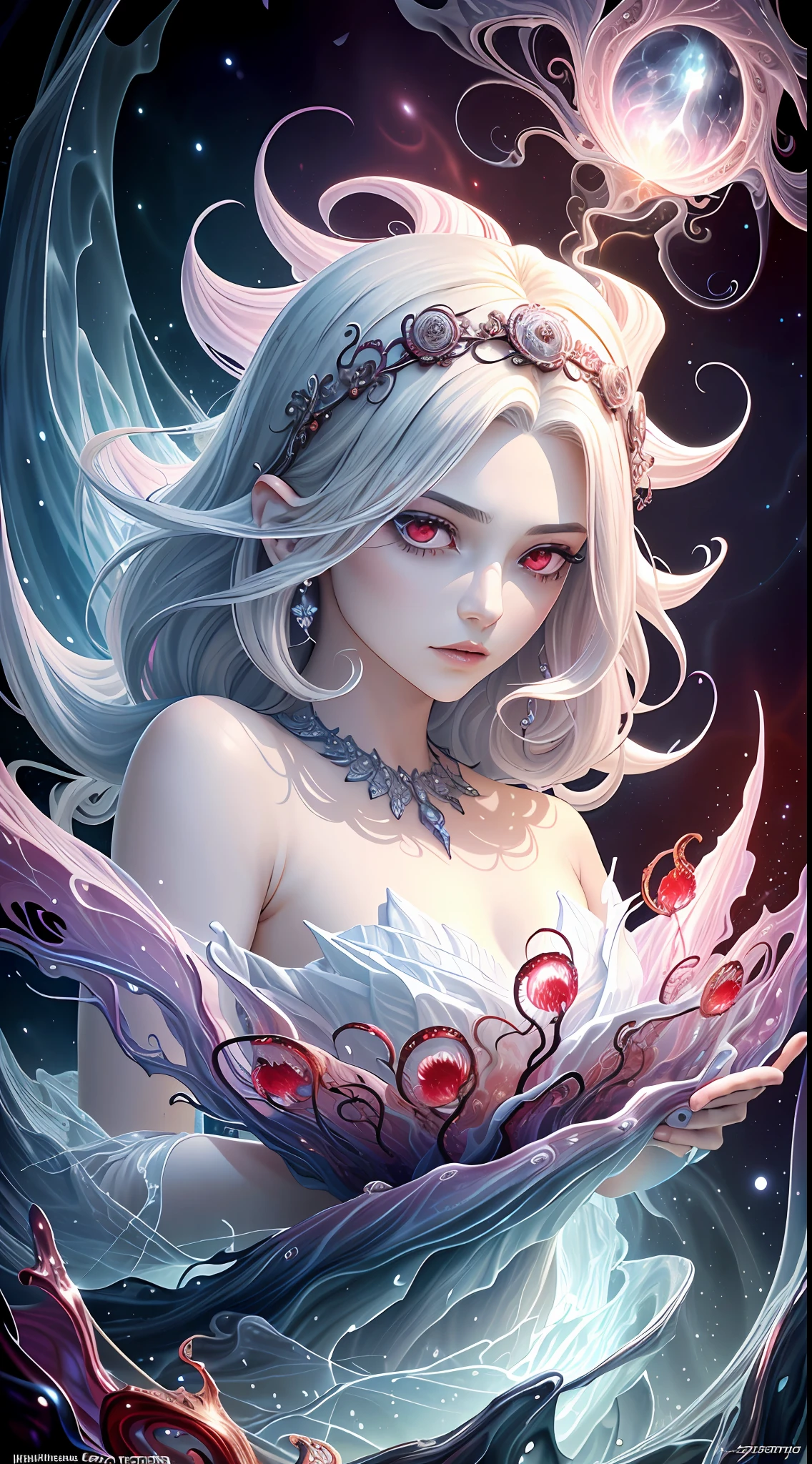 Realistic, (Masterpiece, Top Quality, Best Quality, Official Art, Beauty and Aesthetics: 1.2), Very Detailed, Fractal Art, Colorful, Most Detailed, Zentangle, (Abstract Background: 1.5) (1boy: 1.3), Gods, White Hair, (Glowing Red Eyes), Mysterious, (Magic), Ice, ((Lycoris radiata)), Yellow Springs Hell, Soul Ferryman, Ghost