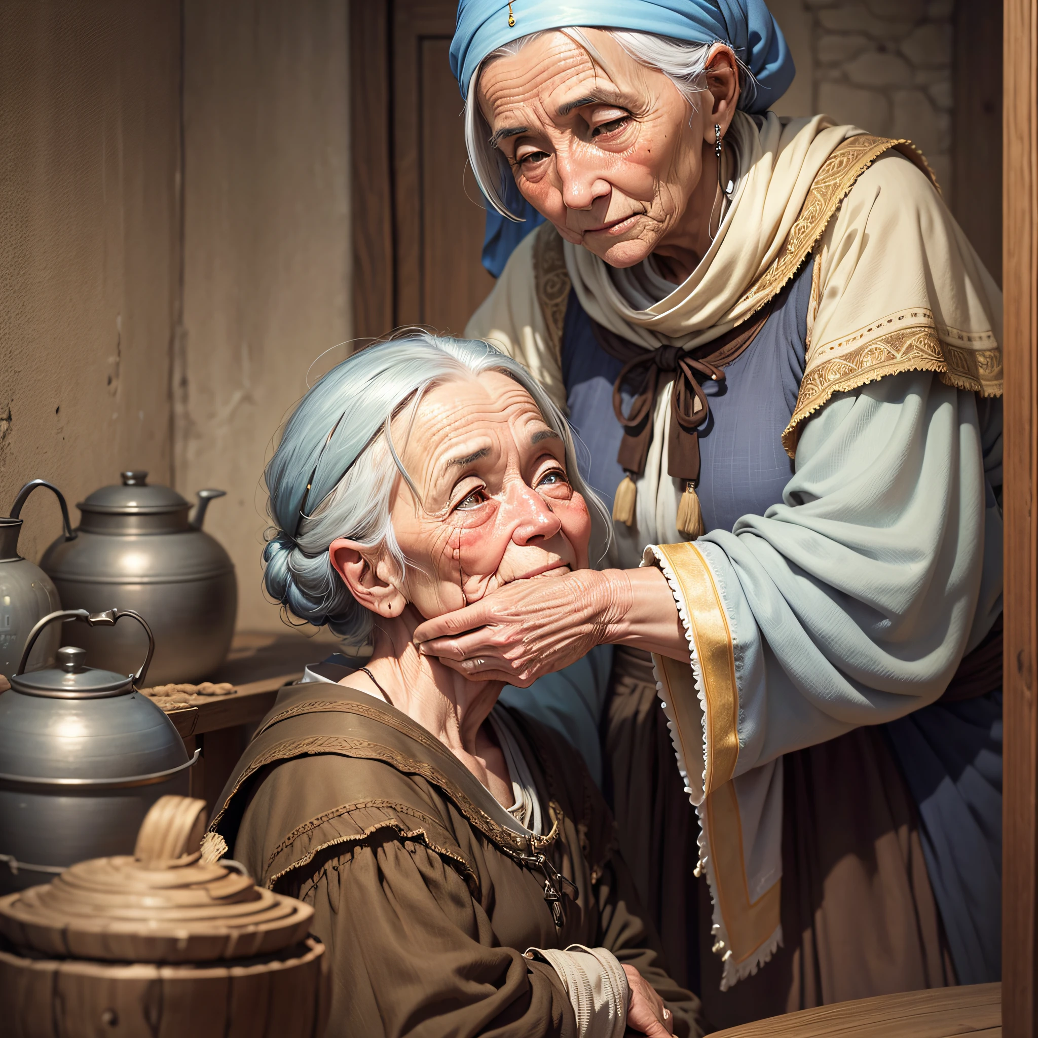 Scene transitions to vignettes of The wise realistic old woman tending to various villagers, her touch bringing solace and relief, captures the expressions of gratitude on the faces of those she has healed --auto --s2