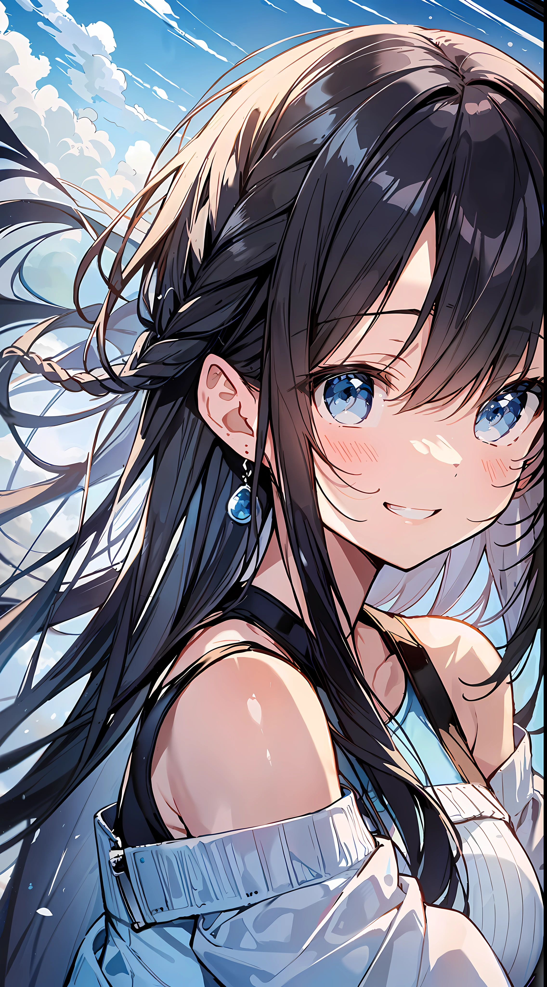 Top Quality, Masterpiece, Ultra High Definition, 8k, Summer Sky, Early Summer, (Light Blue Maxi Skirt, Light Knit, Sneakers), Shojo Manga Style , One, Soft Line Art, Digital Enhancement, Shoujo Manga Touch, Shojo Manga Core, Flowing Fabric, Close Up, (Shoulder Length and Short Braid)), Wet Hair, Staring at Us Head-on, Soft Drawing, Beautiful Black Hair, clear eyes, ((teasing smile)), ultra-detailed digital anime art, clear face depiction, ultra-detailed shoujo manga character art, ultra-detailed manga style, top quality colors, hand gestures, landscape with nature, looking up at the sky, angle that can be seen up to the feet