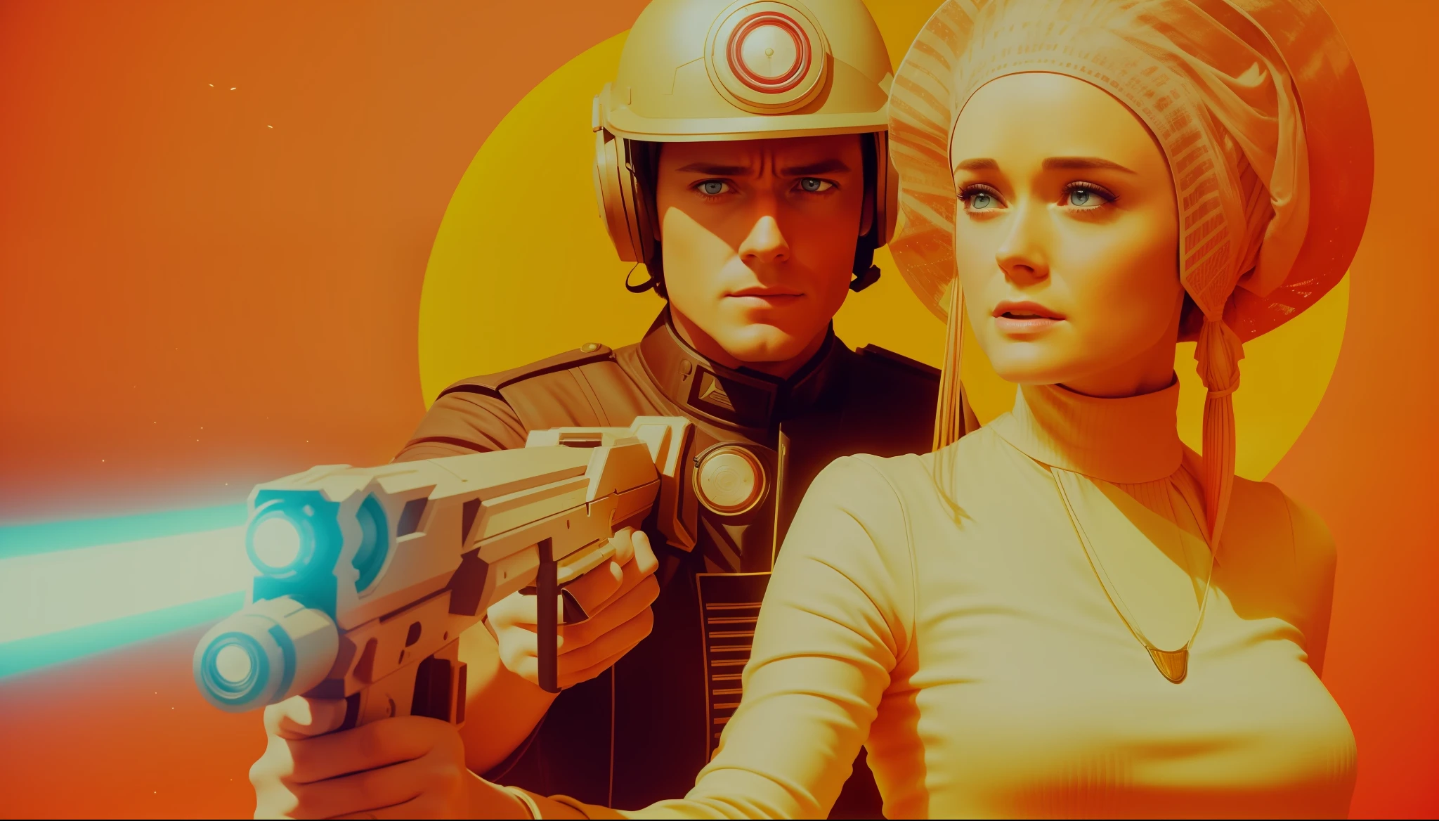 a man and a woman (Alexis Bledel) holding a gun, a colorized photo by John Avon, trending on cg society, retrofuturism, sci-fi, reimagined by industrial light and magic, toonami