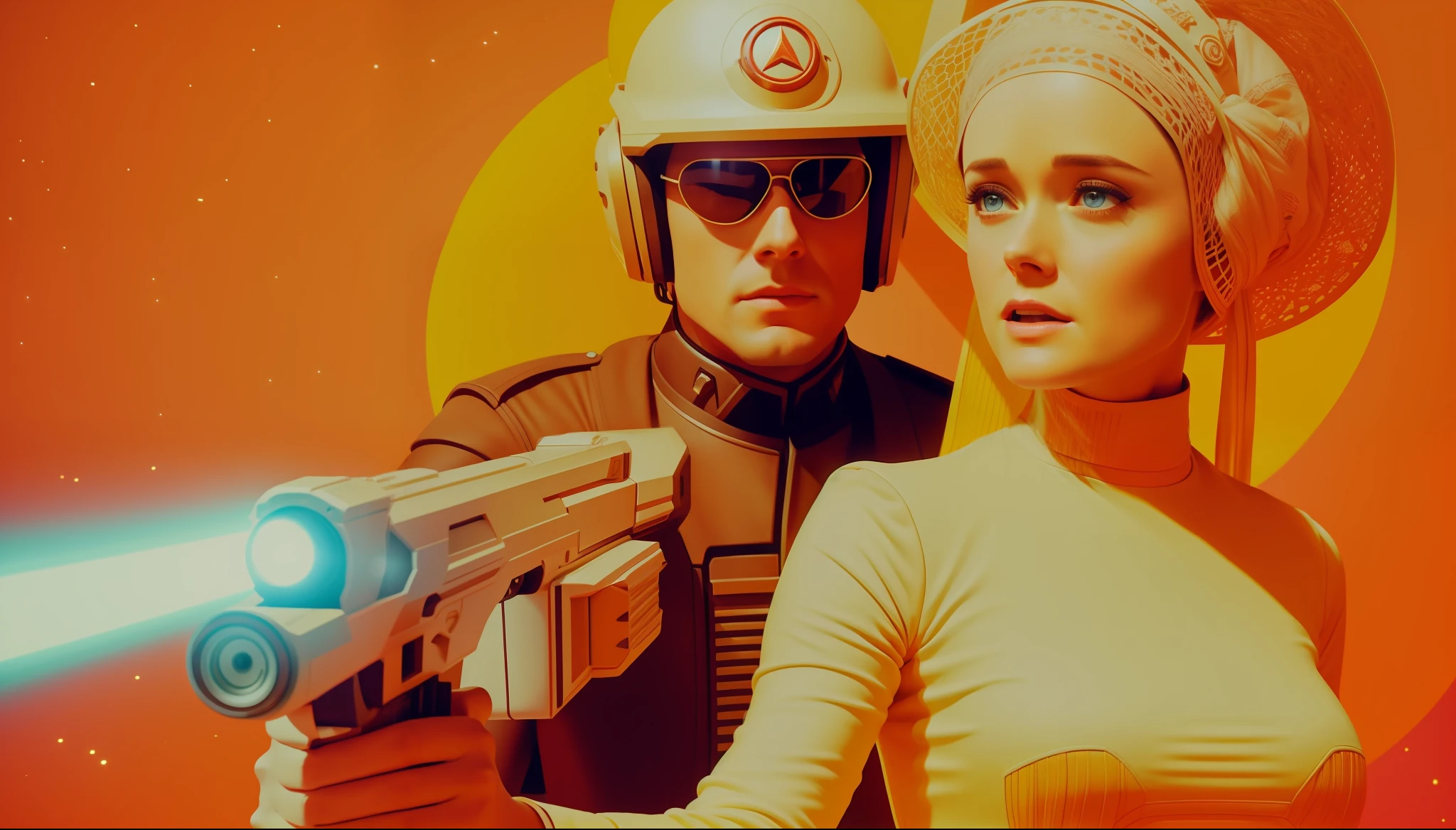 a man and a woman (Alexis Bledel) holding a gun, a colorized photo by John Avon, trending on cg society, retrofuturism, sci-fi, reimagined by industrial light and magic, toonami