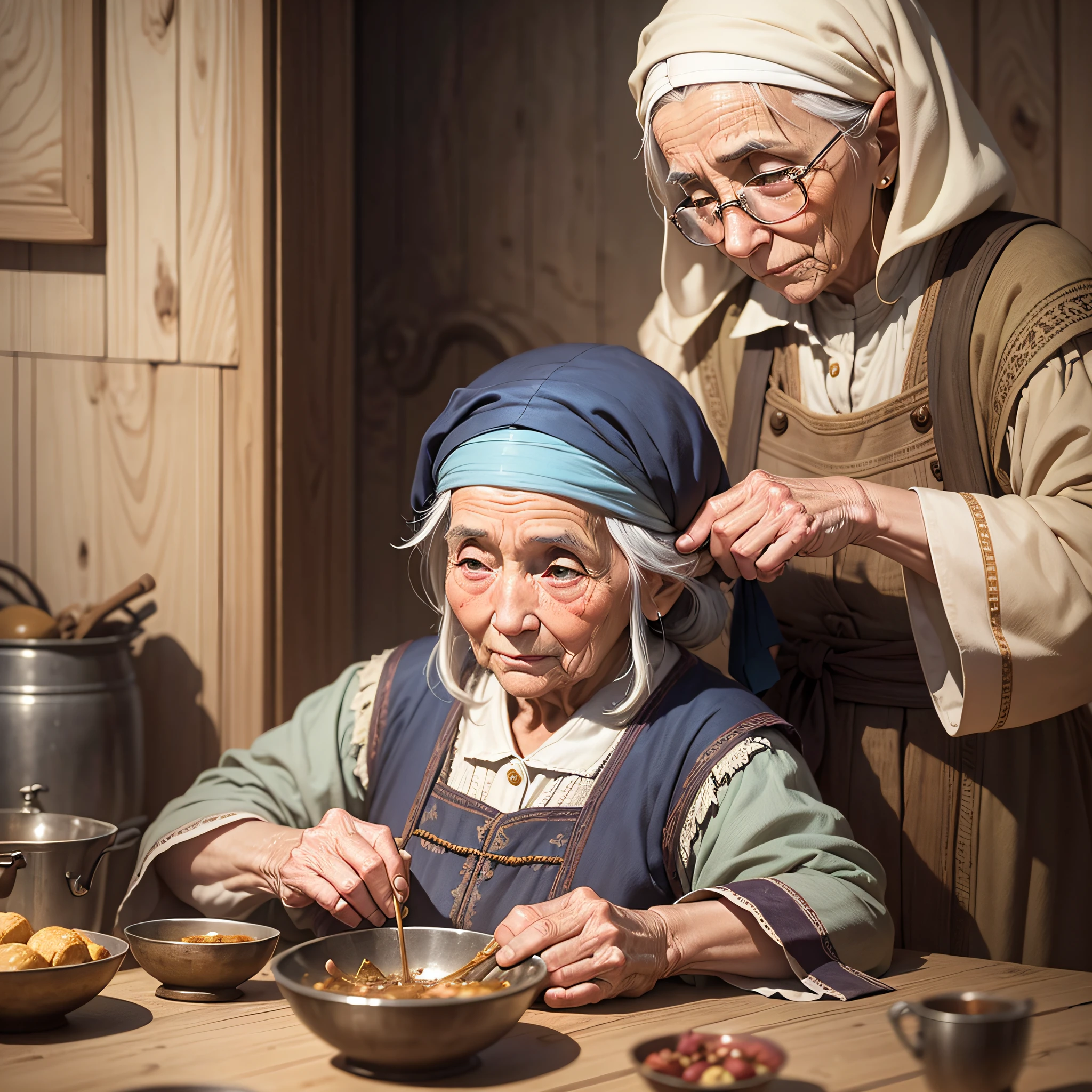 Scene transitions to vignettes of The wise realistic old woman tending to various villagers, her touch bringing solace and relief, captures the expressions of gratitude on the faces of those she has healed --auto --s2