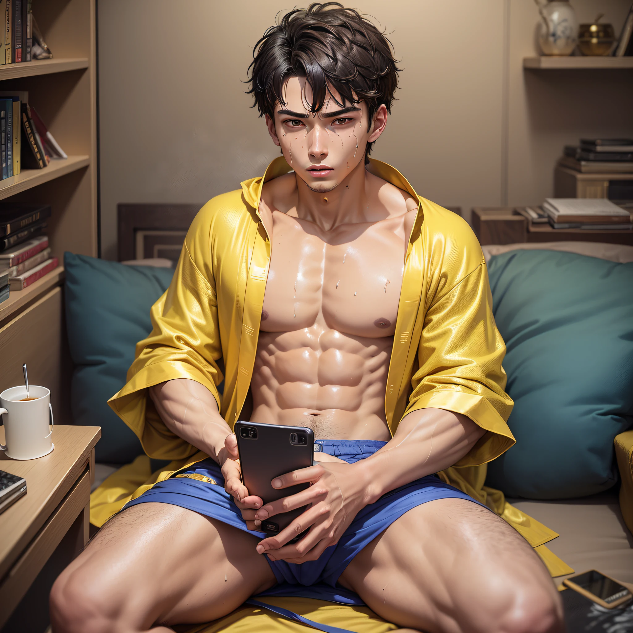 Masterpiece, best quality, super detailed, illustrated, a 20-year-old male with short hair in a yellow Taoist robe, (serious expression, sweating: 1.5) sitting on a sofa in his bedroom, watching a mobile phone video, (upper body display: 1.4) --auto --s2