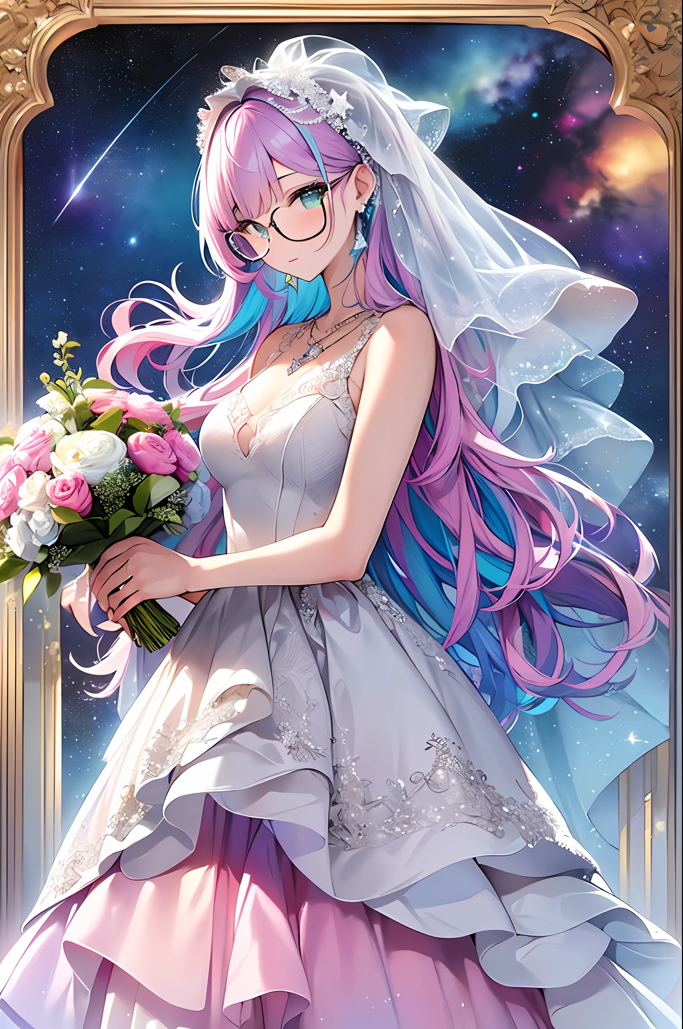 (masterpiece, highest quality, highest quality, watercolor art (pendant), official art, beautiful and aesthetic, (1.3), (1 girl: 1.3), (fractal art: 1.3), full body, star-shaped pupil, , pattern, ((iridescent hair, colorful hair, half blue and half pink hair: 1.2)), aqua, liquid, cloud, colorful, starry night, stars, glasses, writing, heterochromia, (colorful: 1.5), Galaxy, looking up at the stars, (bouquet), ((wedding dress))