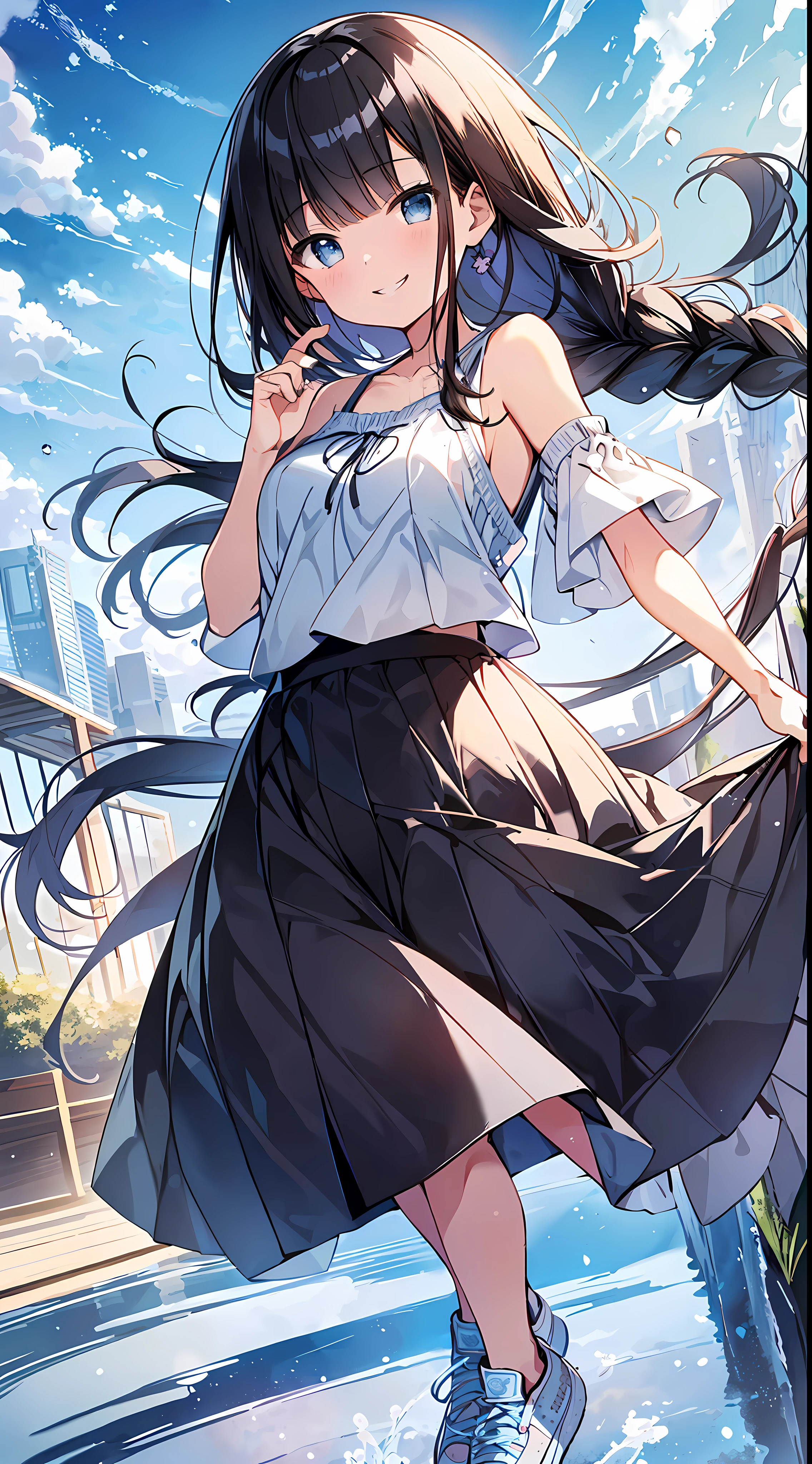Top Quality, Masterpiece, Ultra High Definition, 8k, Summer Sky, Early Summer, (Light Blue Maxi Skirt, Light Knit, Sneakers), Shojo Manga Style Loli, One, Soft Line Art, Digital Enhancement, Shoujo Manga Touch, Shojo Manga Core, Flowing Fabric, Close Up, (Shoulder Length and Short Braid)), Wet Hair, Staring at Us Head-on, Soft Drawing, Beautiful Black Hair, clear eyes, ((teasing smile)), ultra-detailed digital anime art, clear face depiction, ultra-detailed shoujo manga character art, ultra-detailed manga style, top quality colors, hand gestures, landscape with nature, looking up at the sky, angle that can be seen up to the feet