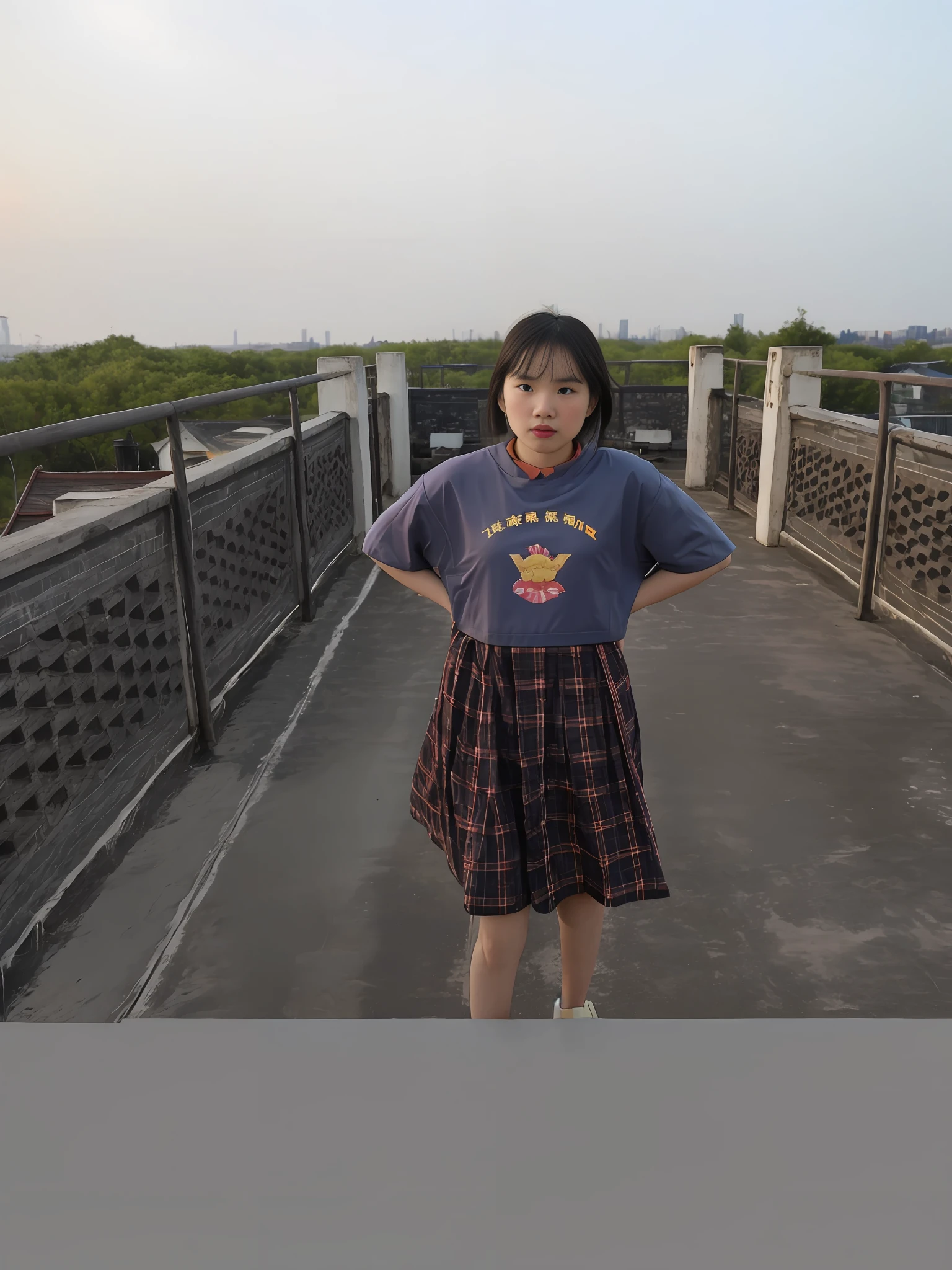 There is a girl standing on the bridge, looking angrily in front of her, hands on her waist, sunset, standing on the rooftop, Chen Xintong, inspired by Zou Zhe, on a roof, inspired by Tang Yifen, standing on the rooftop, wearing a blue dress, on the roof, inspired by Fang Congyi