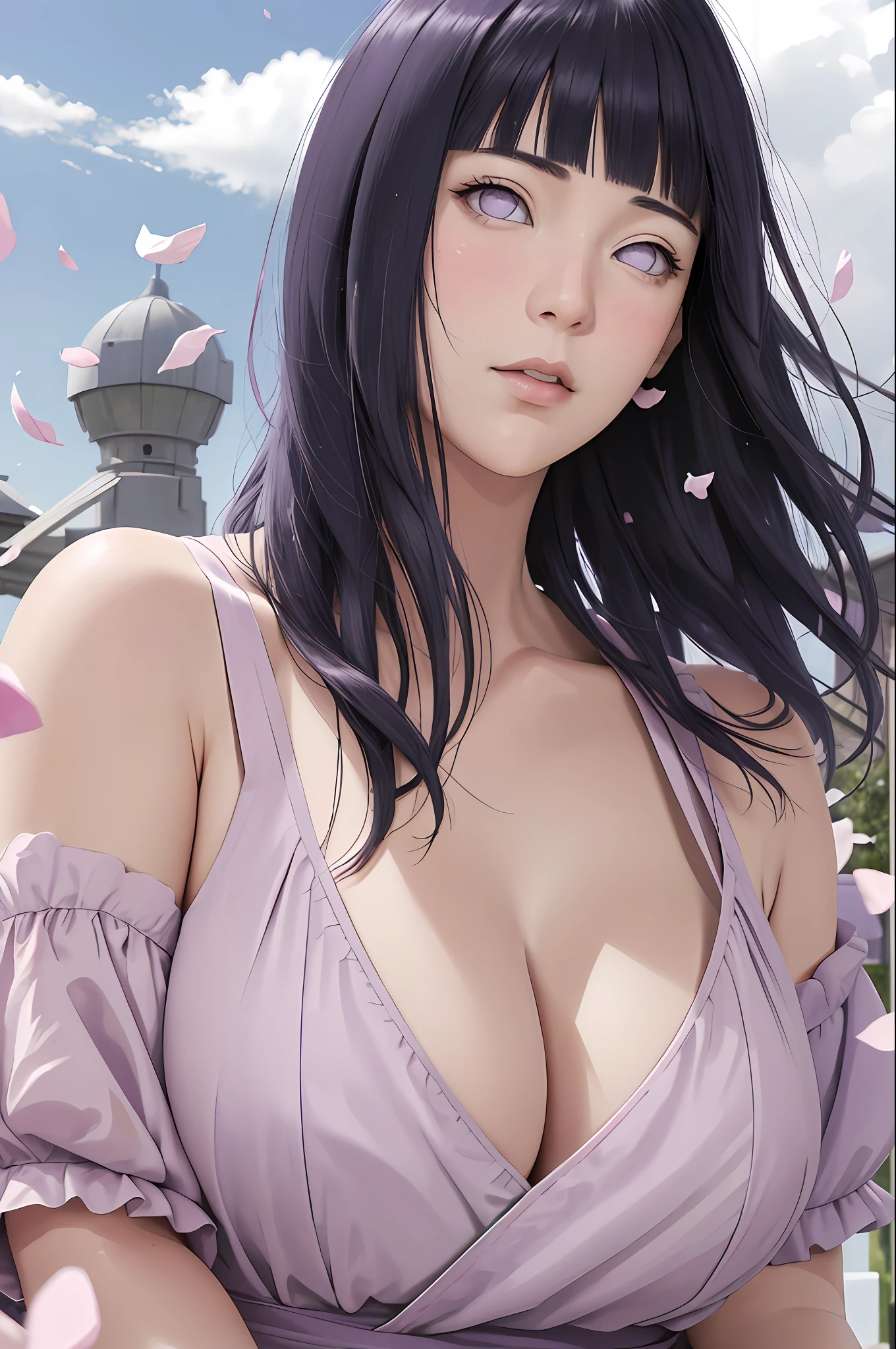 masterpiece, hinata\(boruto\), 1girl, solo, mature female, purple dress, modest outfit,  outdoors, lavender flower field, looking at viewer, (falling petals), cloudy sky, perfect composition, detailed lips, big breast, beautiful face, body propotion, blush, (pink lips), long hair,  purple eyes,  soft gaze, sad smile,  super realistic, detailed, photoshoot, realistic face and body,  realistic hair, realistic eyes, realistic nose, realistic lips