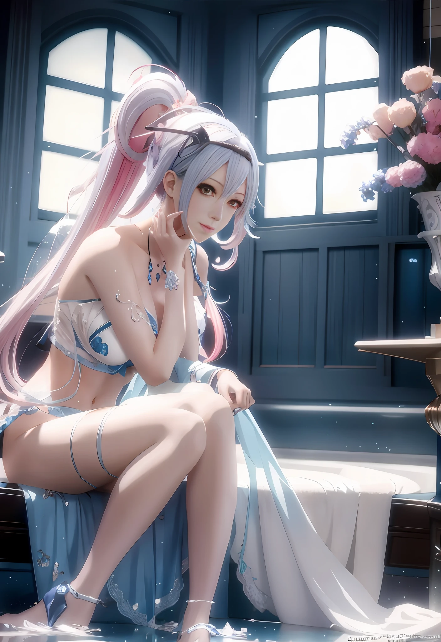 Anime - Style image of a woman in a blue dress sitting in the bathroom, seductive anime girl, Gouvez style artwork, beautiful and seductive anime woman, goose egg face Powder blue long hair 2.5 D CGI anime fantasy artwork, smooth anime CG art, 8K high quality detail art, guvitz, guvitz on pixiv art station, doujin art best art station wet body water drops mist decoration