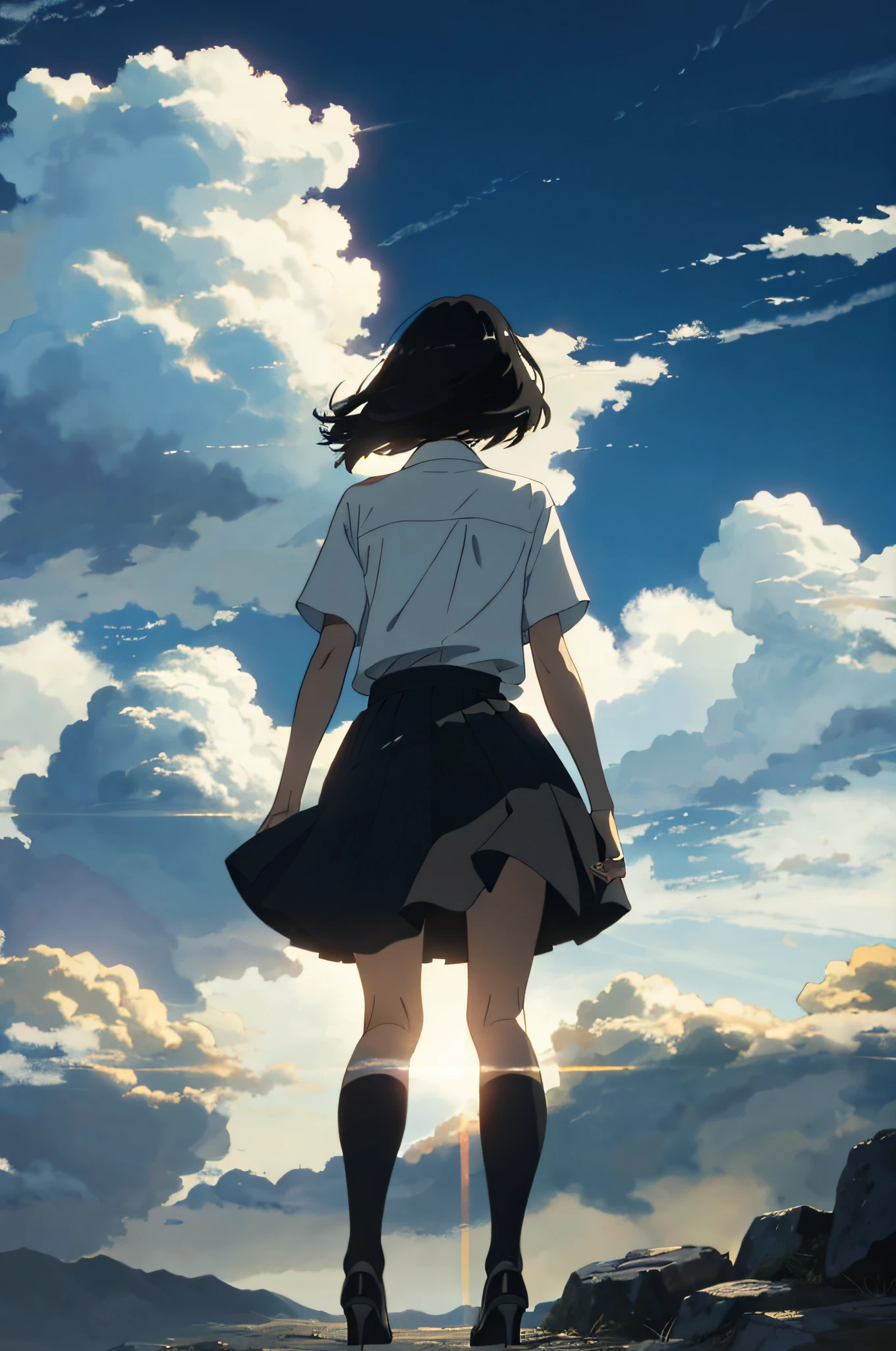 (Masterpiece: 1.2, highest quality), detailed anime-style illustrations. Full back view of young woman looking into the distance, standing with legs spread wide, full body, back view, face not visible at all, light brown short hair, solo, white shirt, black flared long skirt, black pumps, cloudy and not sunny, windy, angle looking up from below, dark sky on background
