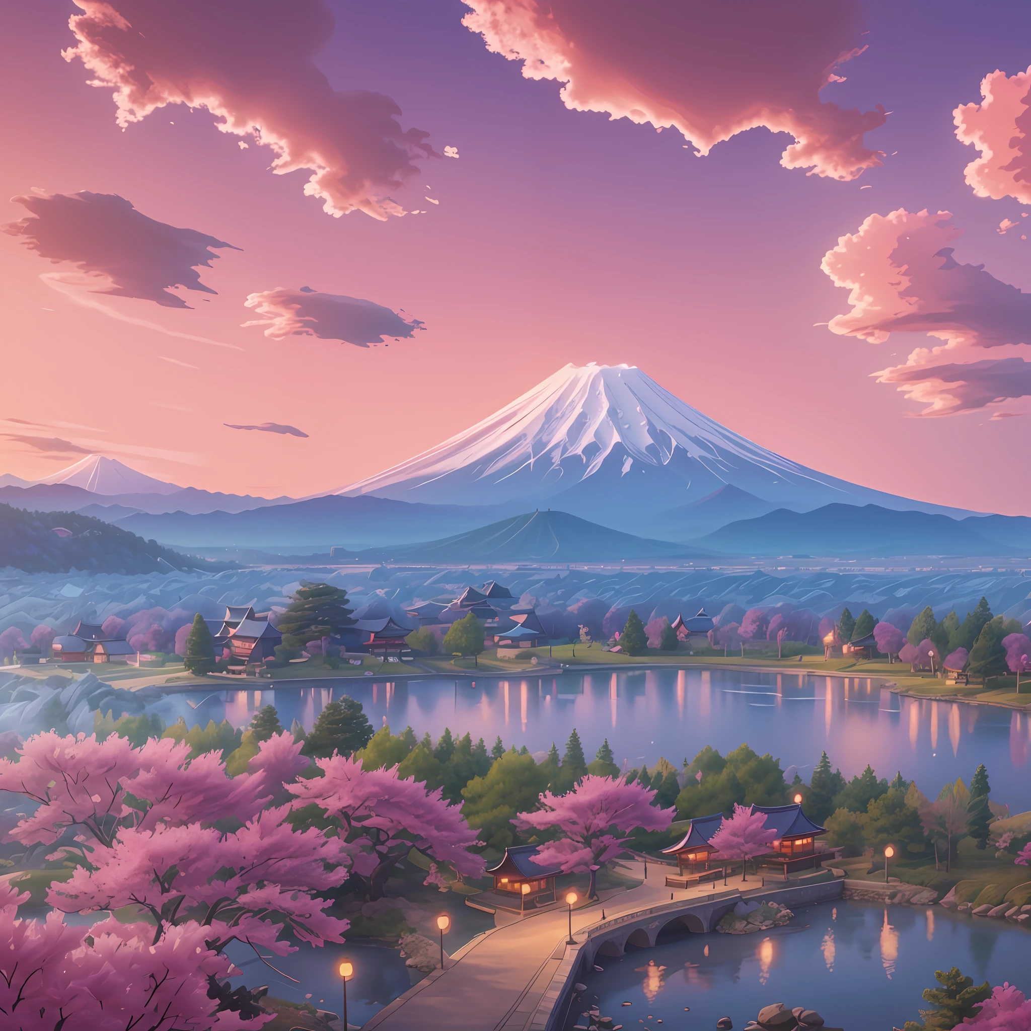 Draw a pretty landscape. Imagine a landscape with blue skies and bright sunlight. In the scenery, Mt. Fuji can be seen from a distance, and in the foreground, you can see the five-storied pagoda of Kyoto. Cherry blossoms are also blooming there. Cherry blossoms are a pretty pink color. There are no people around. It is an image that spreads a warm atmosphere. Please draw that lovely landscape in a fairytale way." --auto --s2