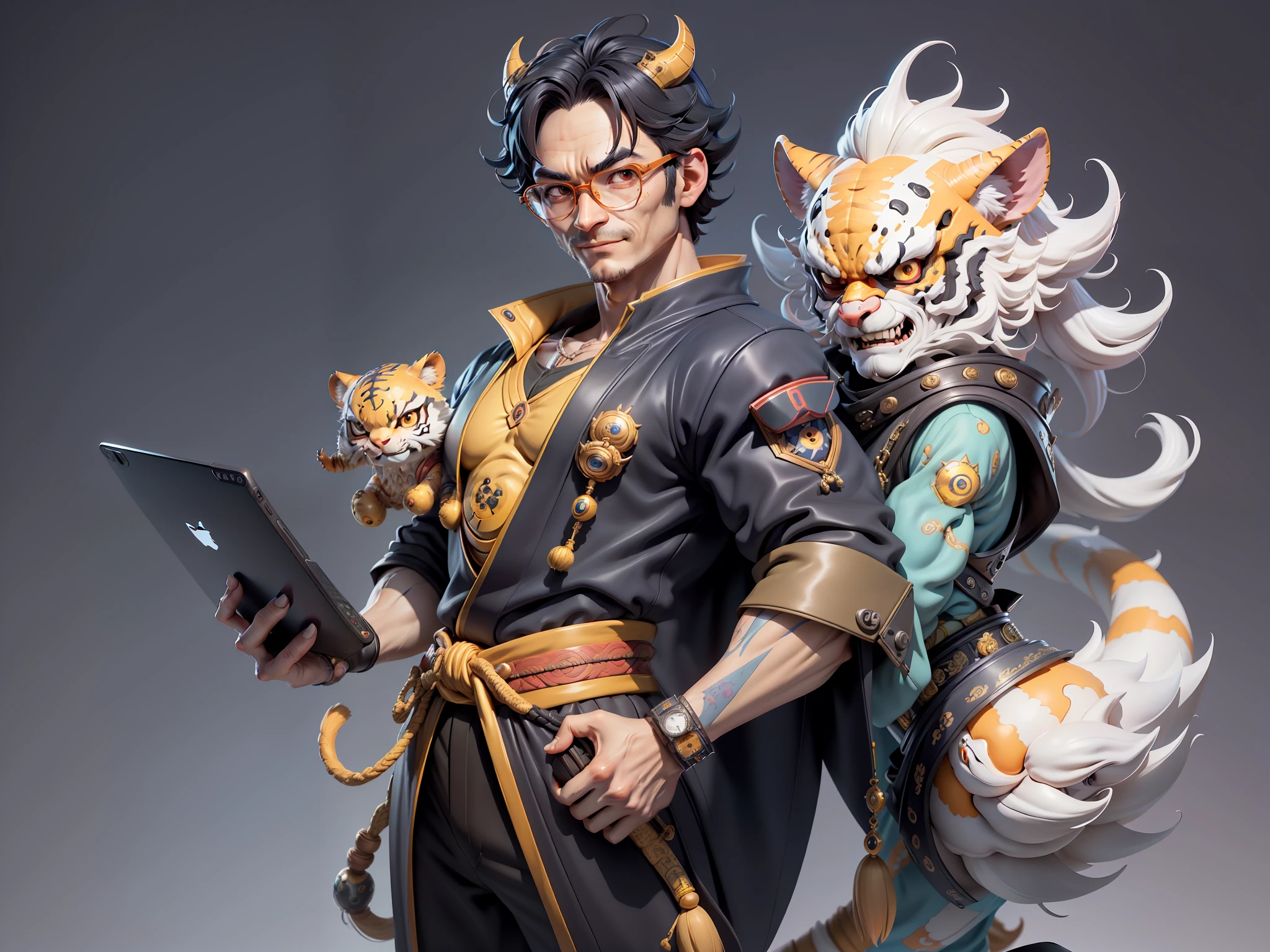 (Masterpiece), (Excellent), (Super Meticulous), (Full Body: 1.2), Super Young Man with Japanese Female Geisha, Pretty, Beautiful, Chinese Dragon, Tiger, Wind God Thor, Sexy, Bursting, Oriental Face, TV Anchor, Bust Portrait Illustration, Black Suit, Blue Tie, Slightly Chubby Face, Silver Glasses, Very Clean Face, No Beard on Chin, Black Super Short Hair, Black Eyes, Confident Smile, 3c Computer Sub-Products, iPad, iPhone, Digital Painting, 3D character design by Mark Clairedon and Pixar and Hayao Miyazaki and Akira Toriyama, the illustrations are HD illustrations in 4K resolution with highly detailed facial features and cartoon-style visuals.