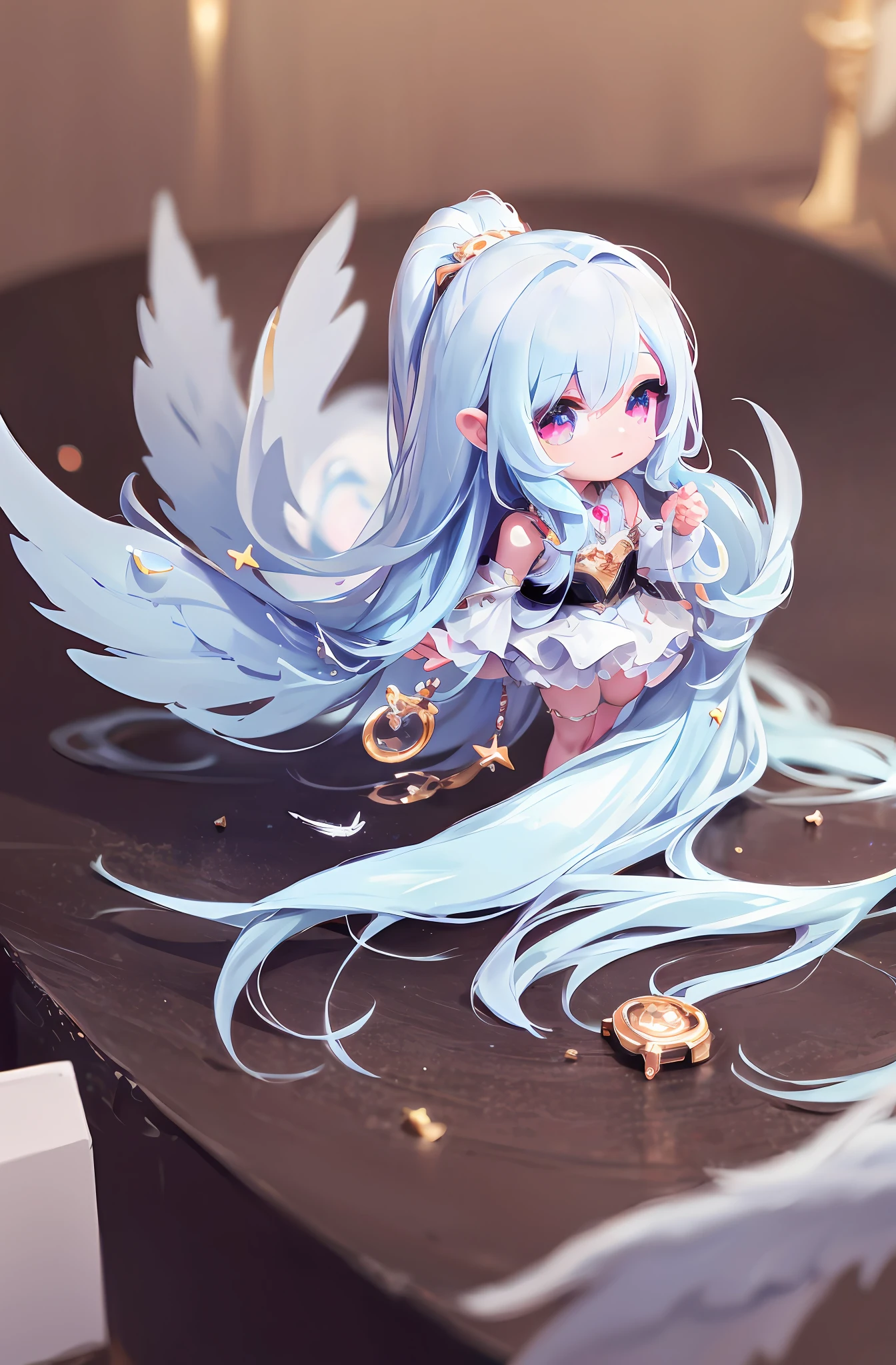 1 anime angel doll, 8K high-quality detail art, white feathers on the back, white long hair, gradient, style as Nendoroid, stylized anime, anime style 4K, cute detailed digital art, Guweiz style artwork, 8K octar rendering photos, advanced digital chibi art, cute 3D rendering, anime style.