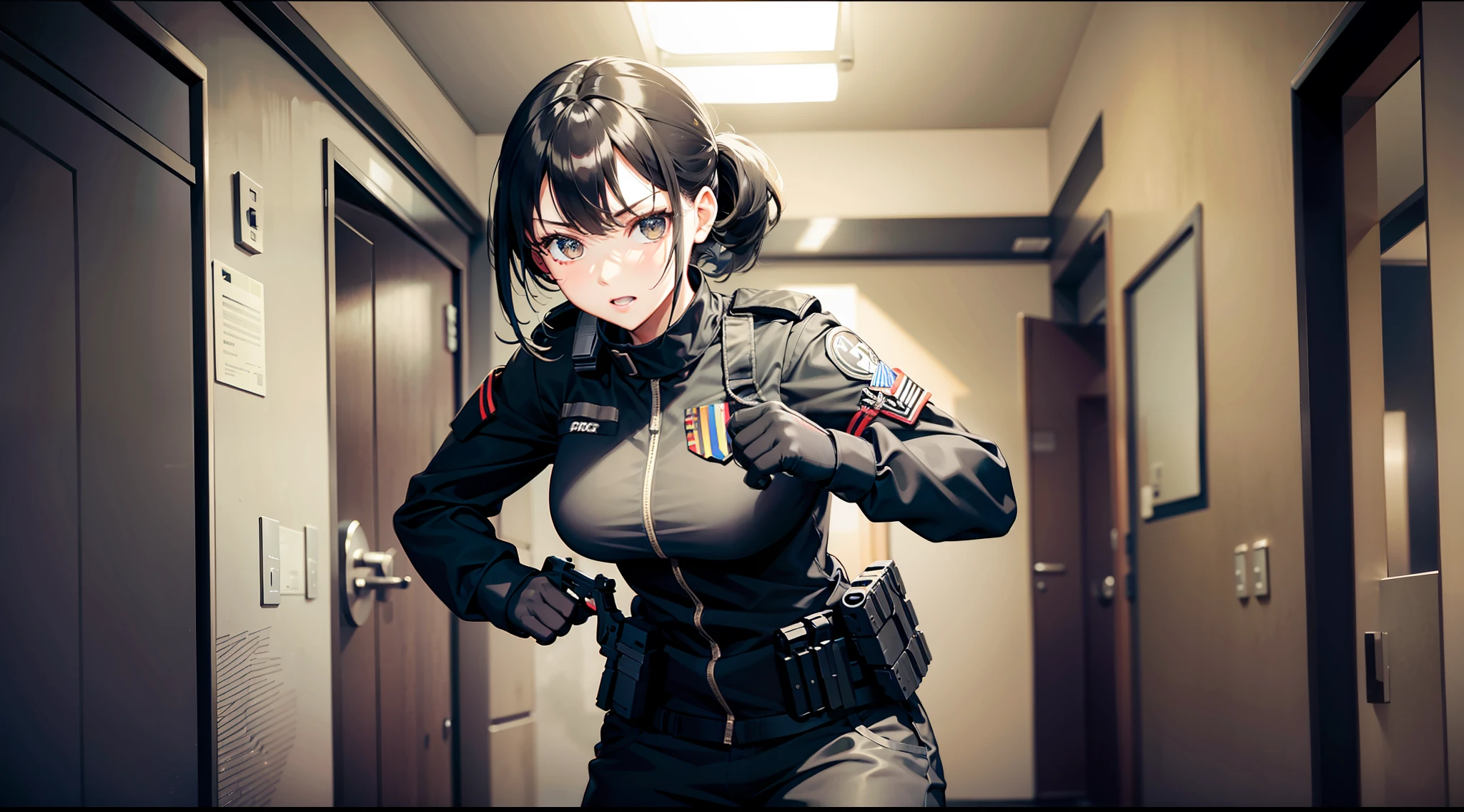 black clothes, PMC, CQB, CQC, hand gun, battle girl, in the building, dynamic entry, room clearing