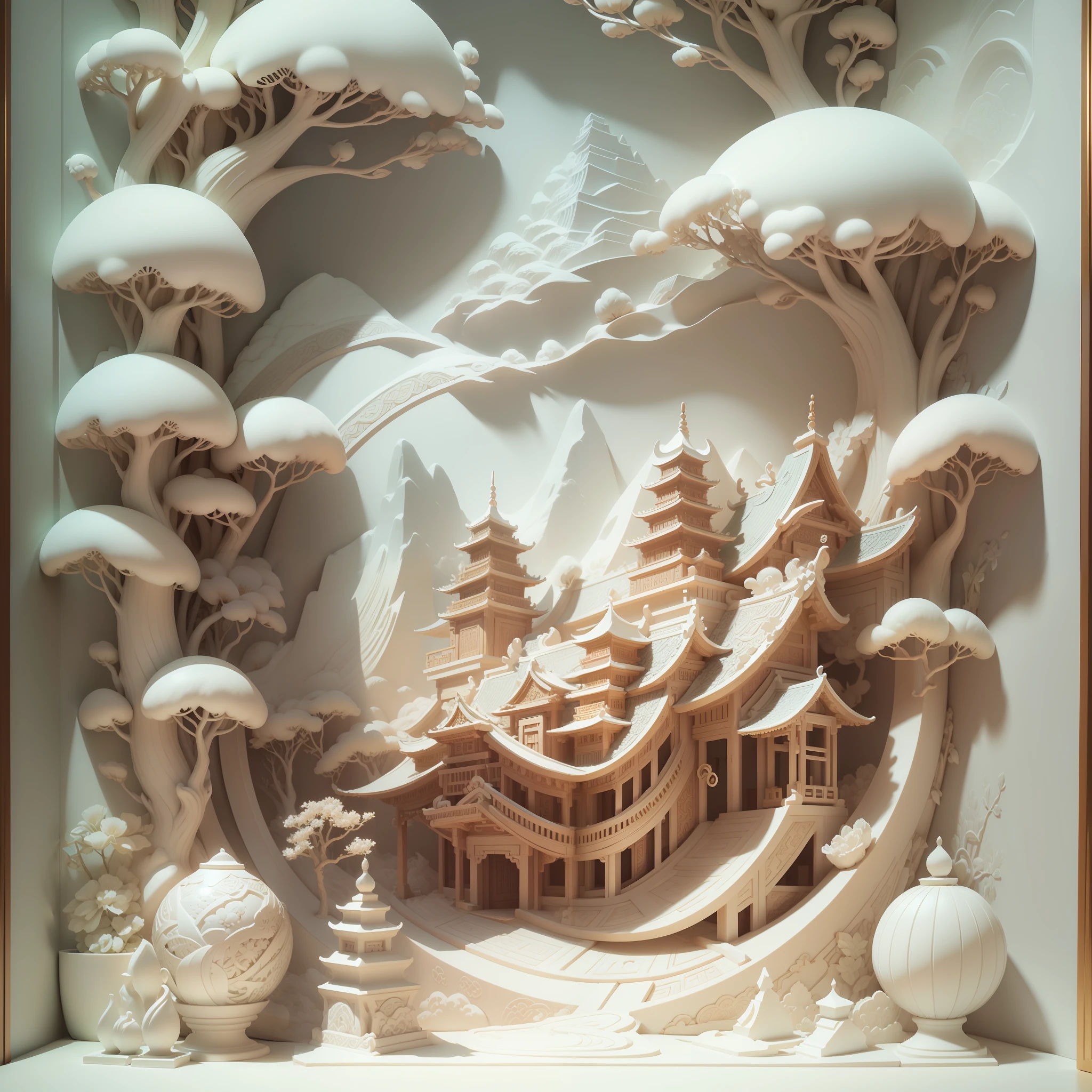 3D relief, meticulously carved, ivory carving, Chinese illustration on white background, pastel, traditional Chinese style, oriental landscape painting, multidimensional paper fog crafts, paper illustration, super wide angle view, dreamy, 8K, romantic, high resolution, 8k