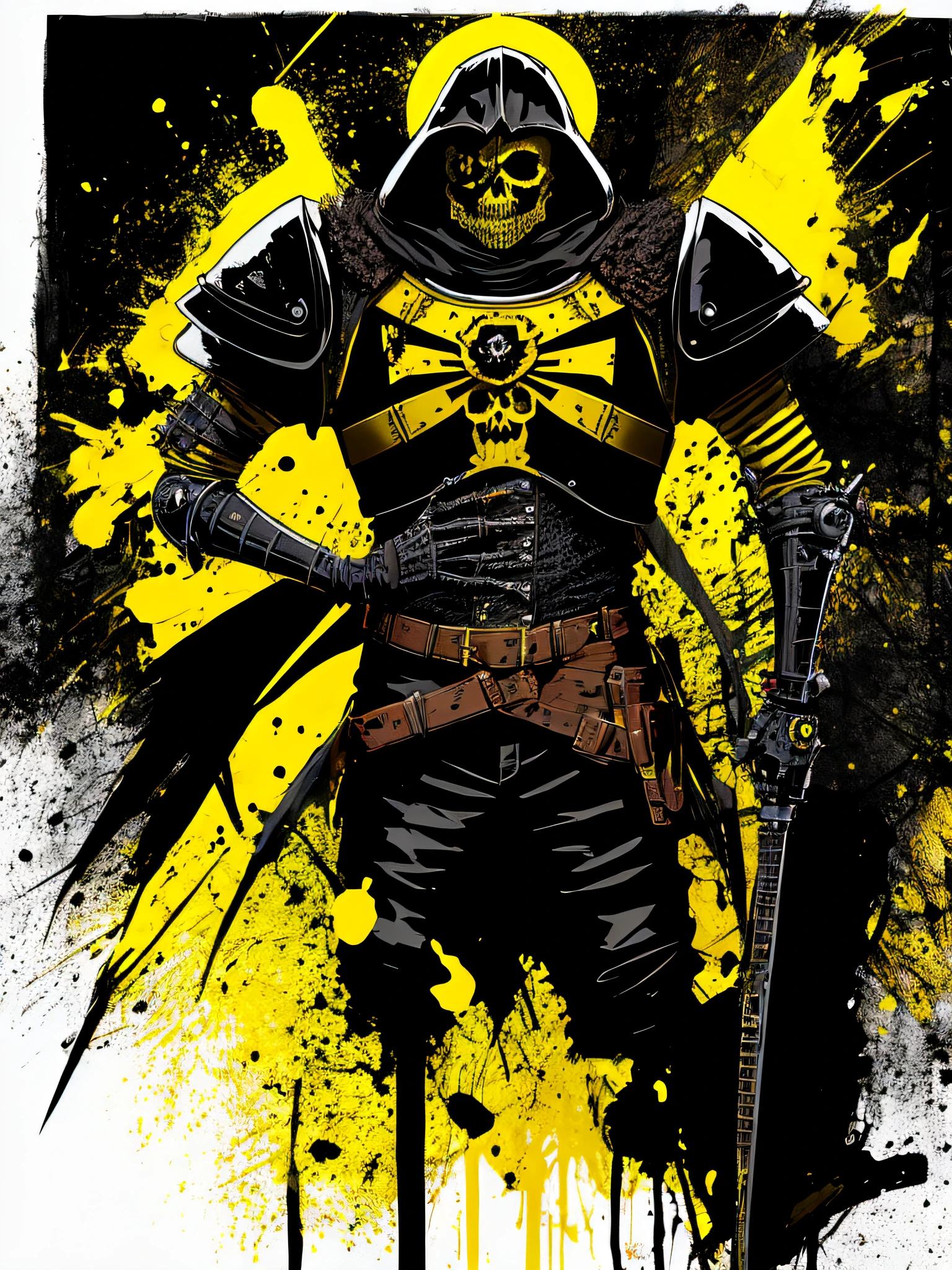 yellow and black, skull face medieval knight, in the style of Mork Borg, strong contrast, grunge dirty punk splash art, zine black metal, punk color splash background