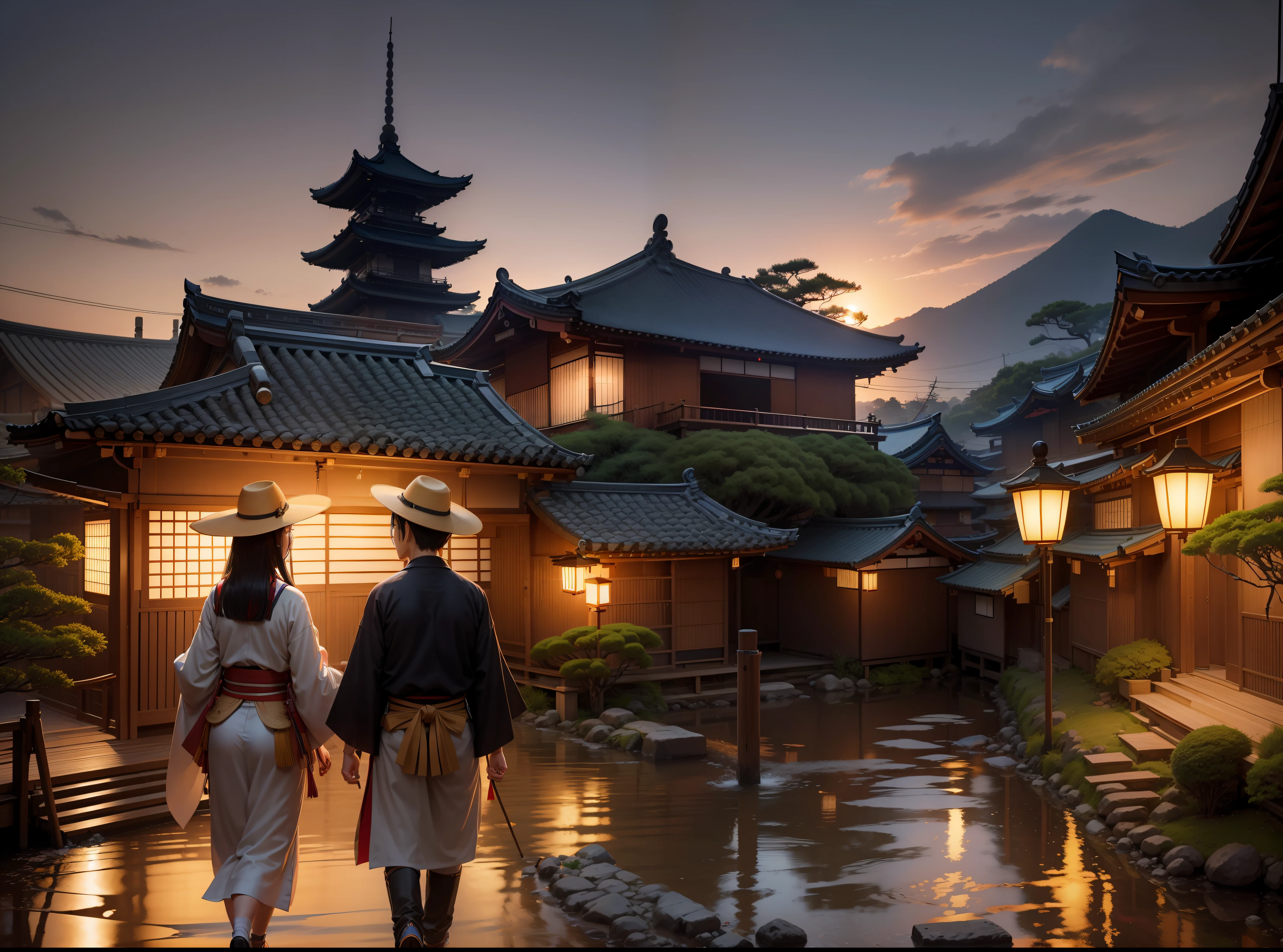 ((masterpiece)),best quality,ultra-detailed CG,high precision,Tokyo atmosphere,traditional Japanese homes],Tanabata ,Weaving hat, Two lovers[position:2],Tanabata ornament,[-:] (bamboo with five-color strips),Passionate [positive emotion],28 years old,Outdoor [ location],sunset[time],warm tone[色调],Optimistic [情绪] --auto --s2