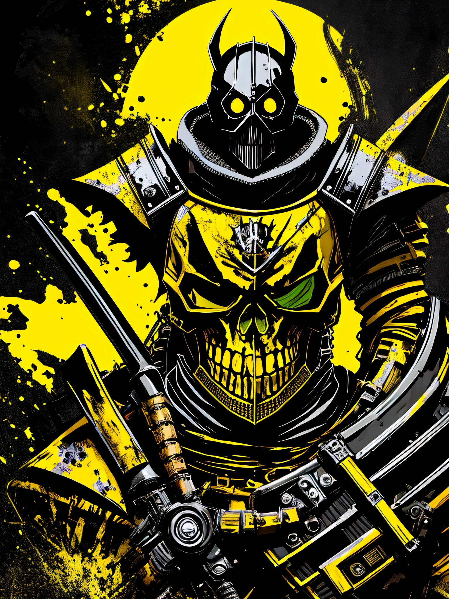 yellow and black, skull face medieval knight, in the style of Mork Borg, strong contrast, grunge dirty punk splash art, zine black metal, punk color splash background
