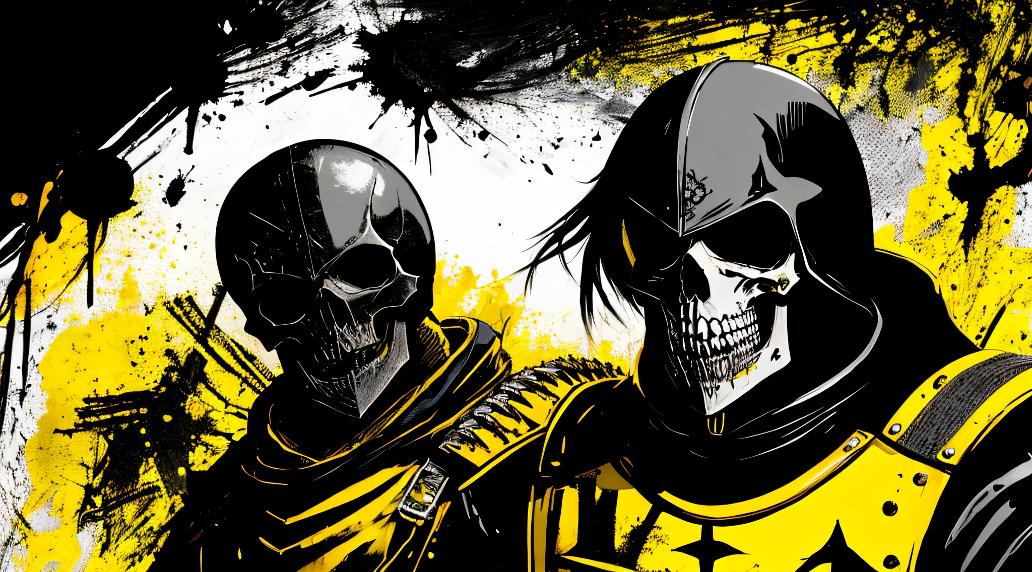 yellow and black, skull face medieval knight, in the style of Mork Borg, strong contrast, grunge dirty punk splash art, zine black metal, punk color splash background