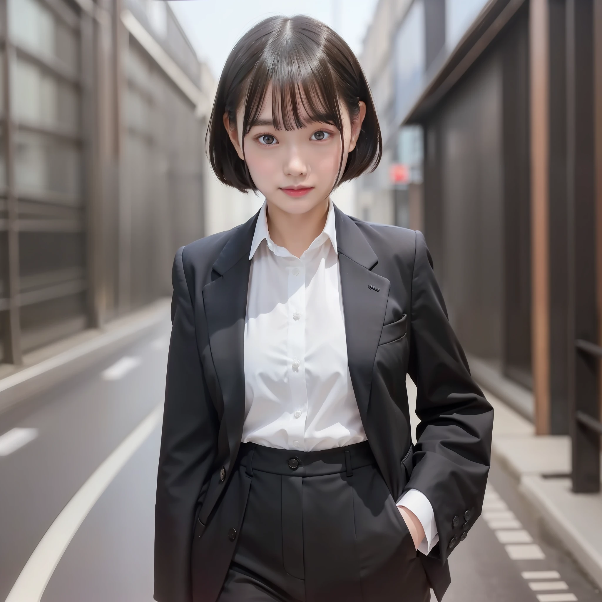 1 girl, solo, (short hair), japanese idol, perfect figure, beautiful eyes double eyelids, black business suits, on the road, broad smile, upper body, blow a wind, 26 years old, slim body