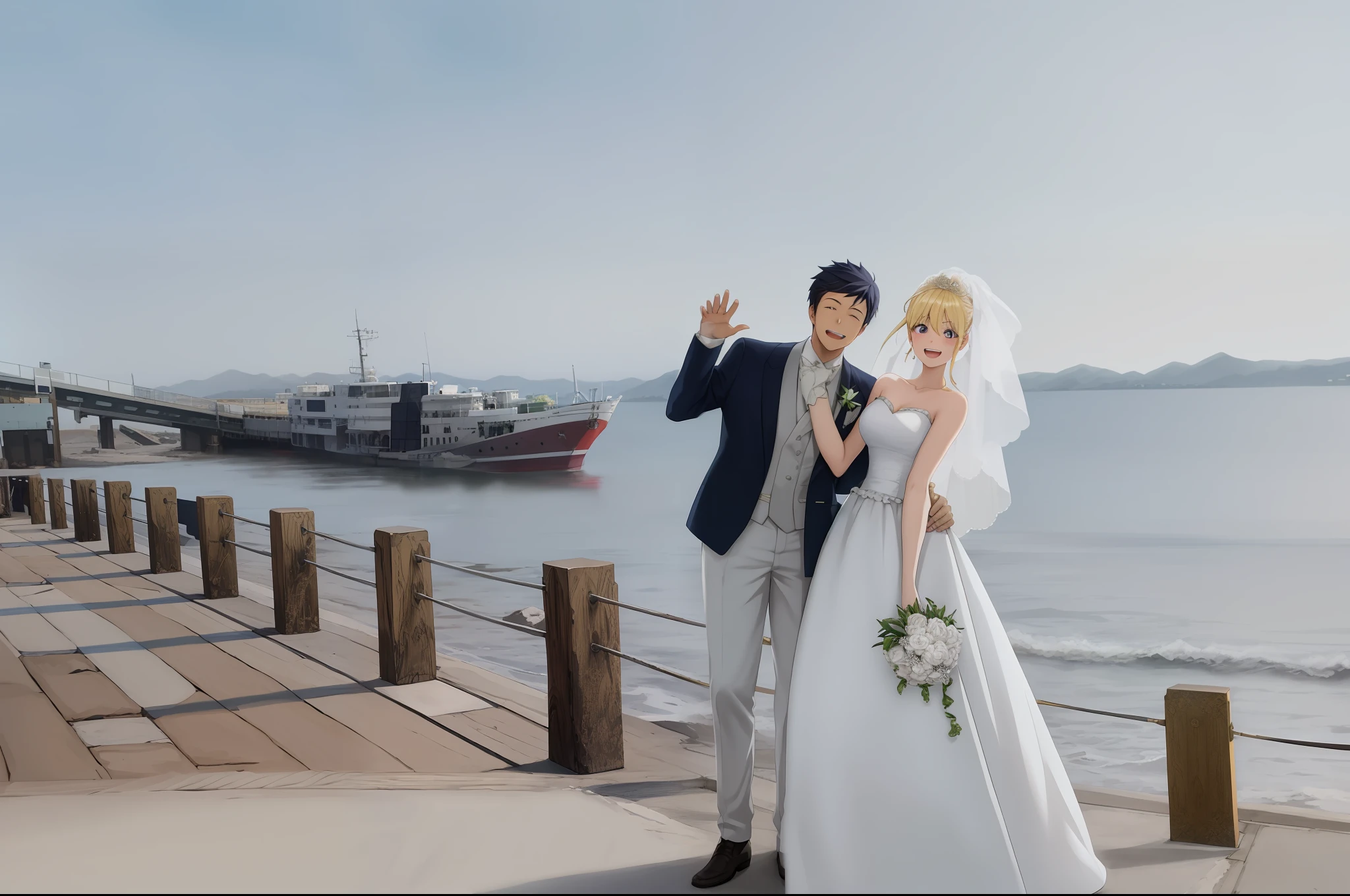 Anime style, 1 girl, 1 boy, face restoration, wedding dress, groom, wedding, bridal veil, happy, side by side,,, , highlight,