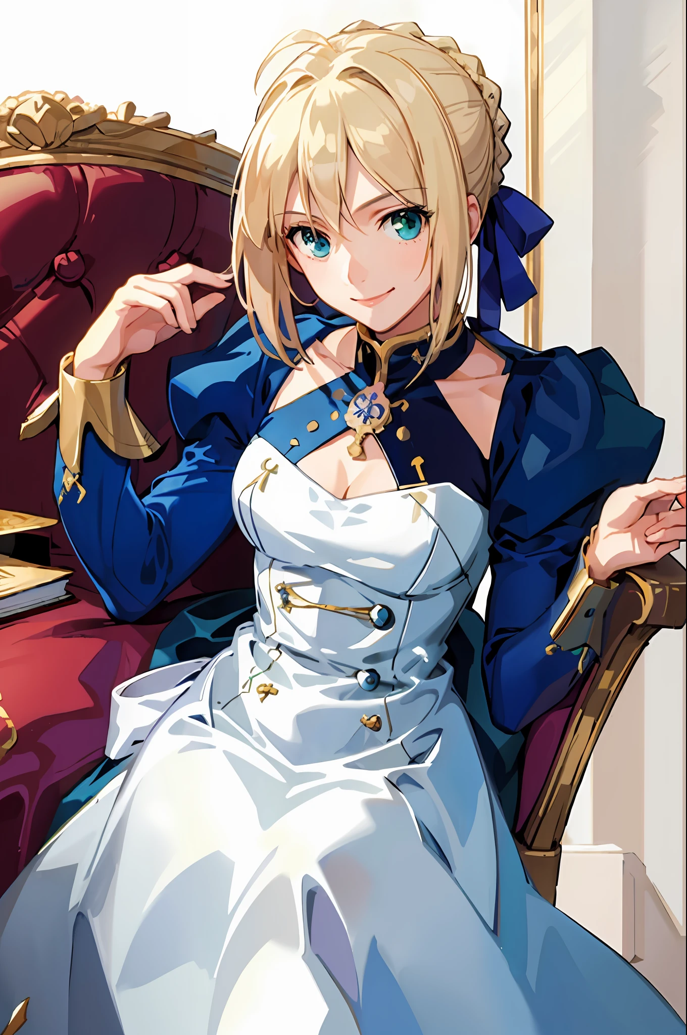 (masterpiece:1.4), (best quality:1.4), realistic, 1girl, artoria pendragon \(fate\), dress, library, smile