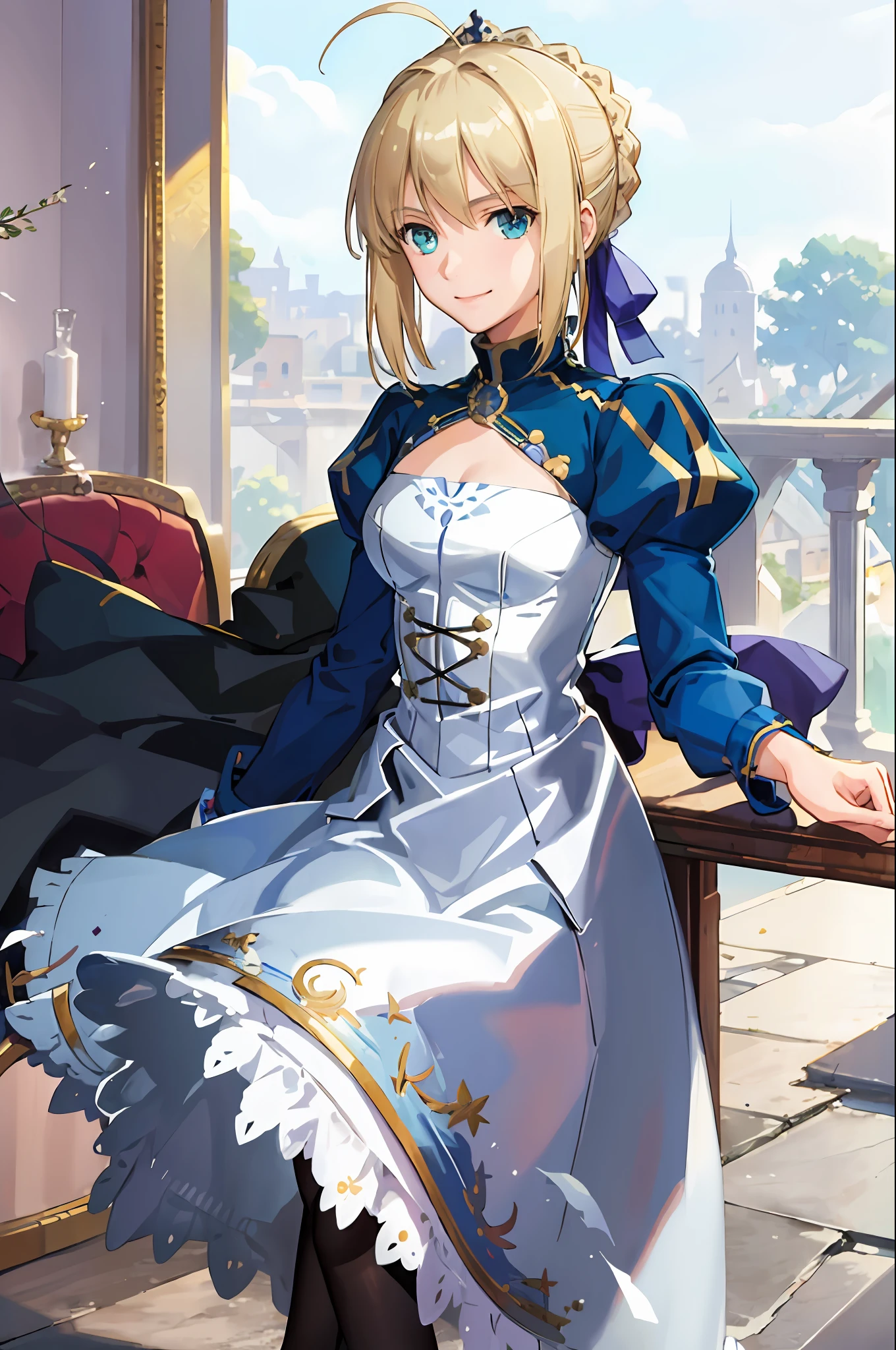 (masterpiece:1.4), (best quality:1.4), realistic, 1girl, artoria pendragon \(fate\), dress, library, smile