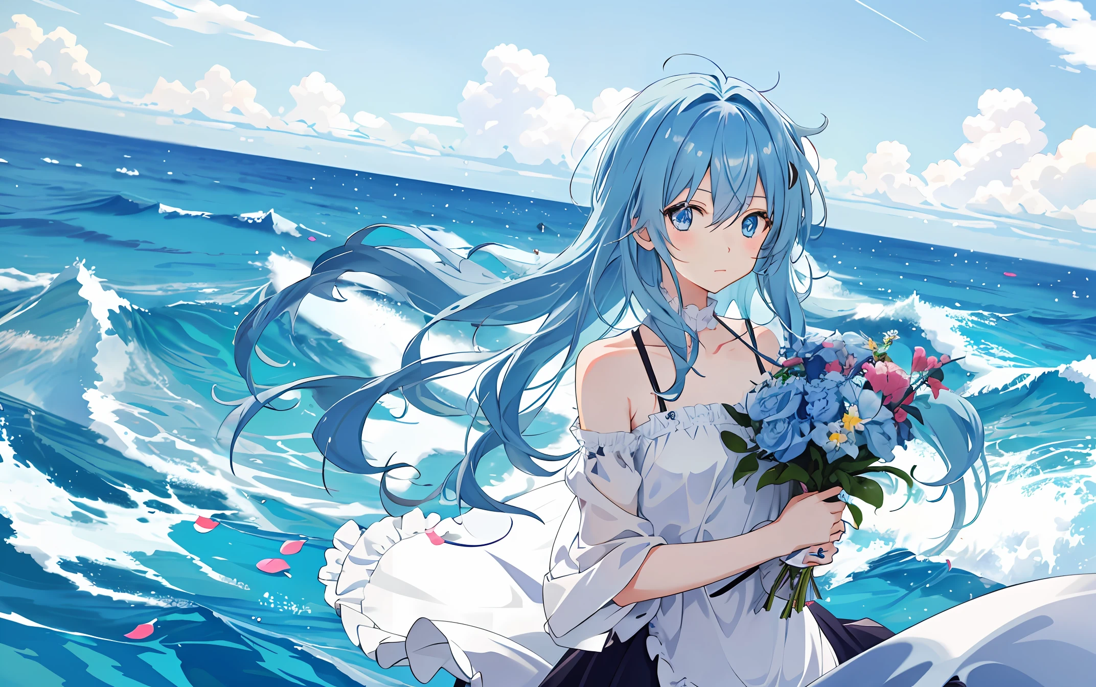 High definition anime Girl with messy hair Looking at the photo Blue eyes like sea water Holding flowers in hand Colorful There is light scattered on the body