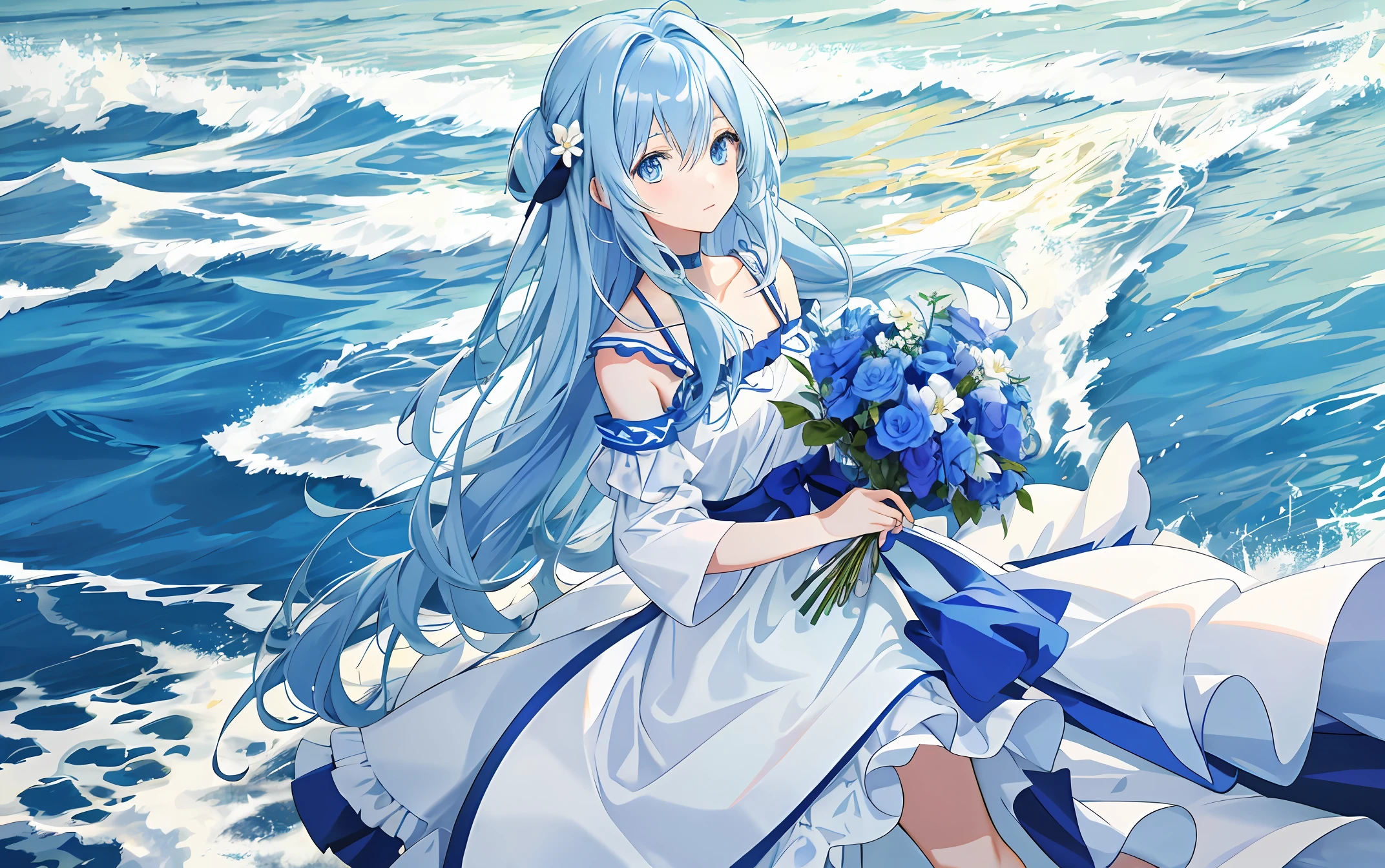High definition anime Girl with messy hair Looking at the photo Blue eyes like sea water Holding flowers in hand Colorful There is light scattered on the body