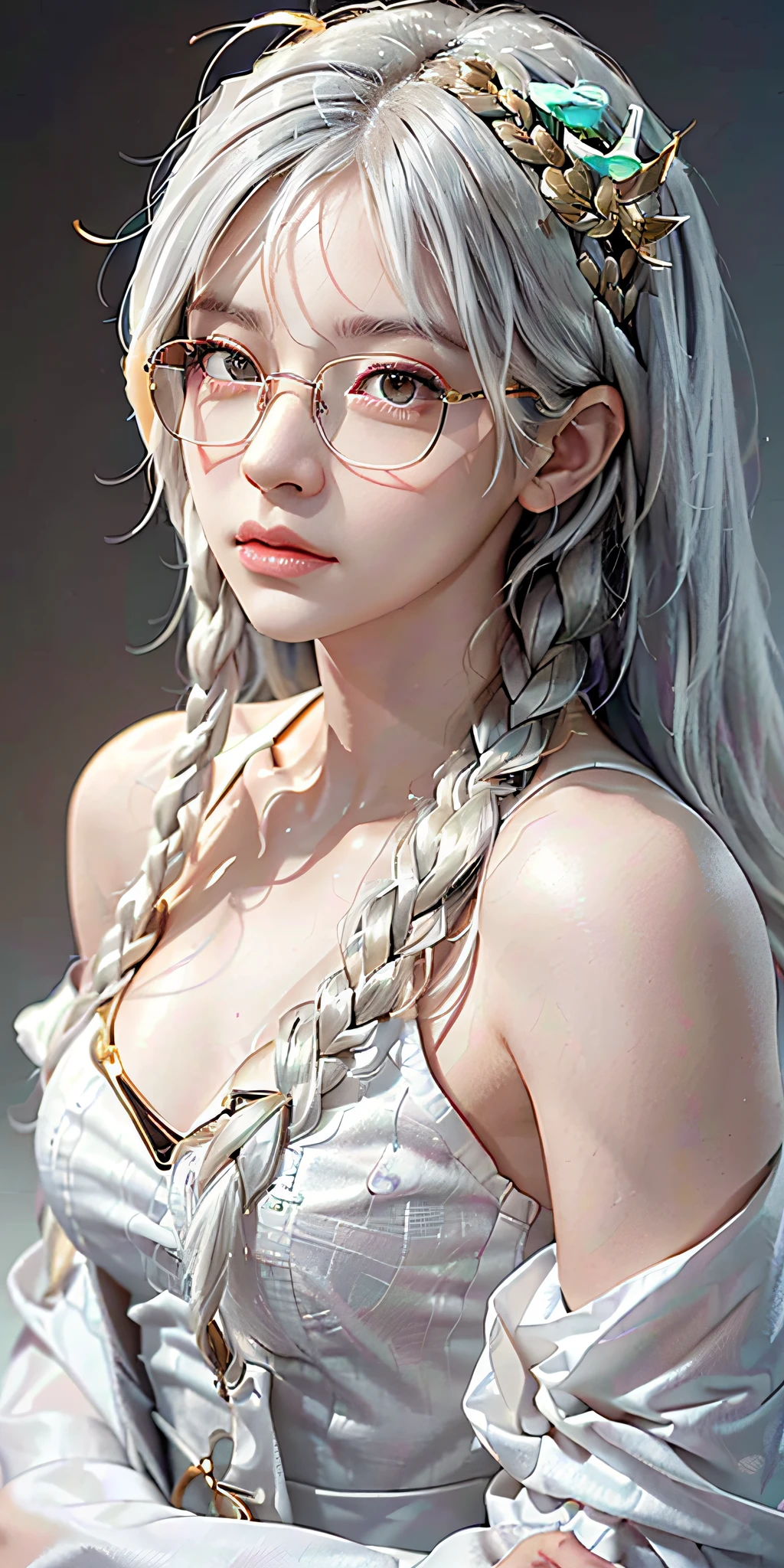 best quality, masterpiece,white hair, gold eyes,white clothes, upper body,hair strand,Fair skin,side braids,(wearing glasses, extremely detailed, highest quality, insanely detailed eyes, nose, lips)