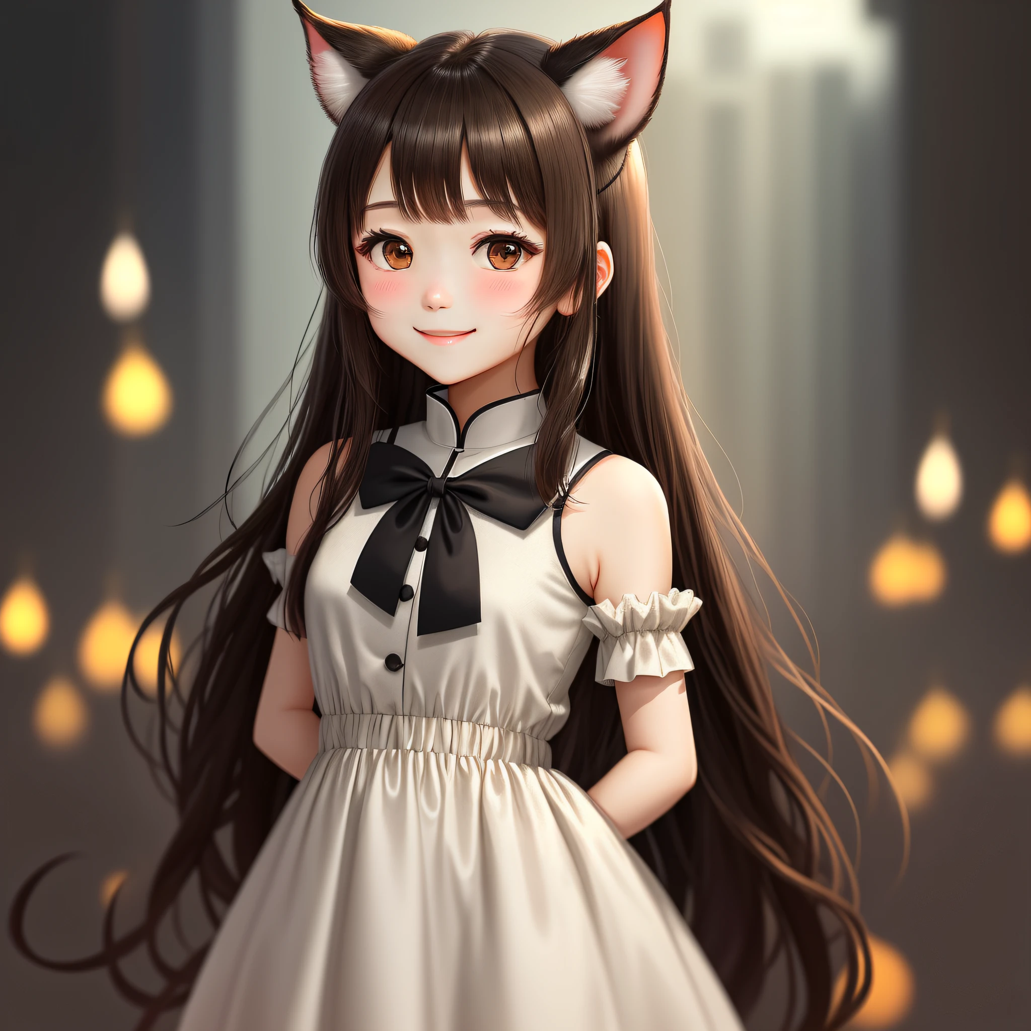 1girl,horn, animal_ears, 刘海,实心圆眼睛, 猫眼, 猫瞳, 狭缝瞳孔,大波浪卷发, bare_shoulders, blurry, blurry_background, blush, brown_eyes, black brown hair, dress, depth_of_field, smile, solo,上半身,白底