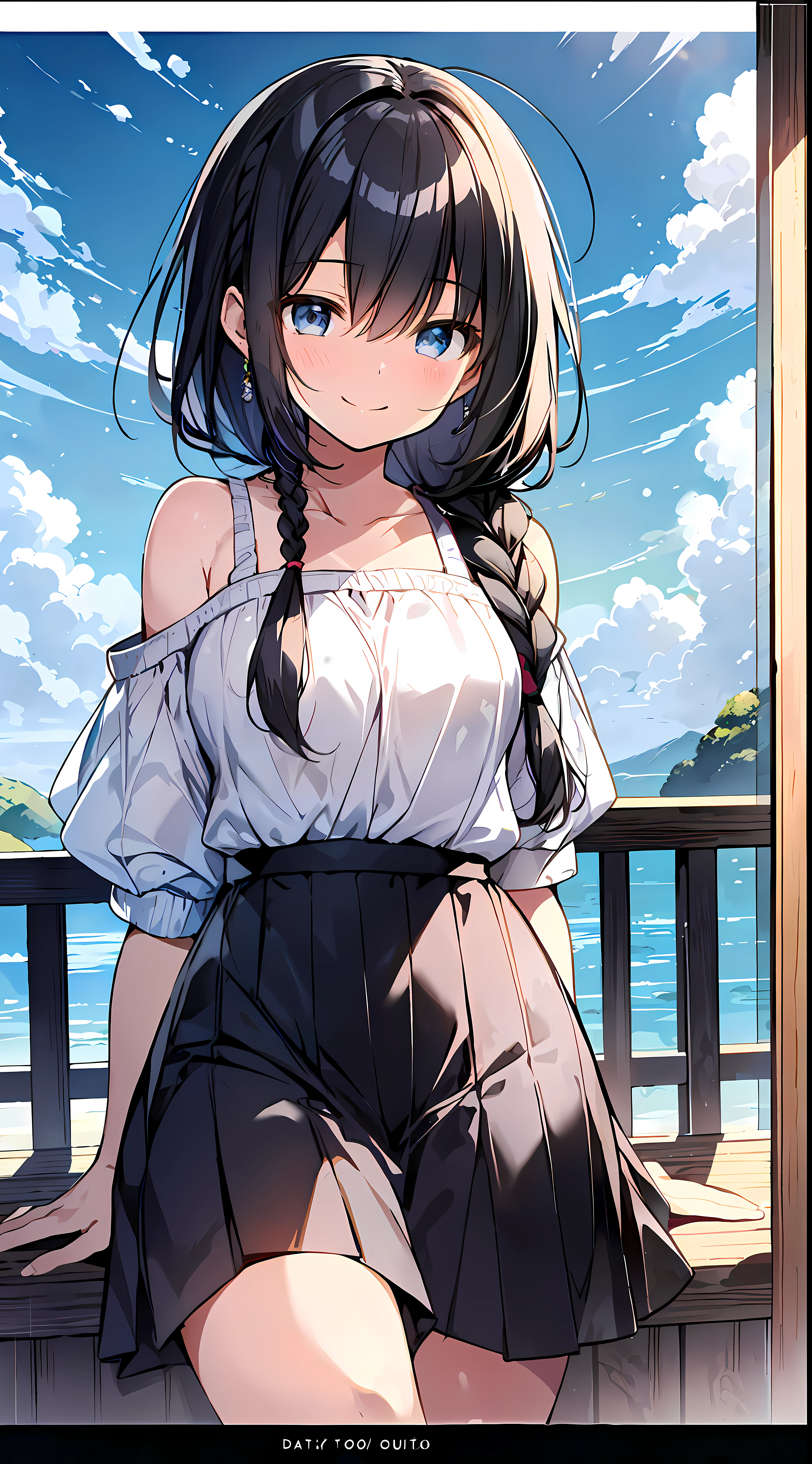 Anime girl with long black hair and white shirt standing on a balcony ...