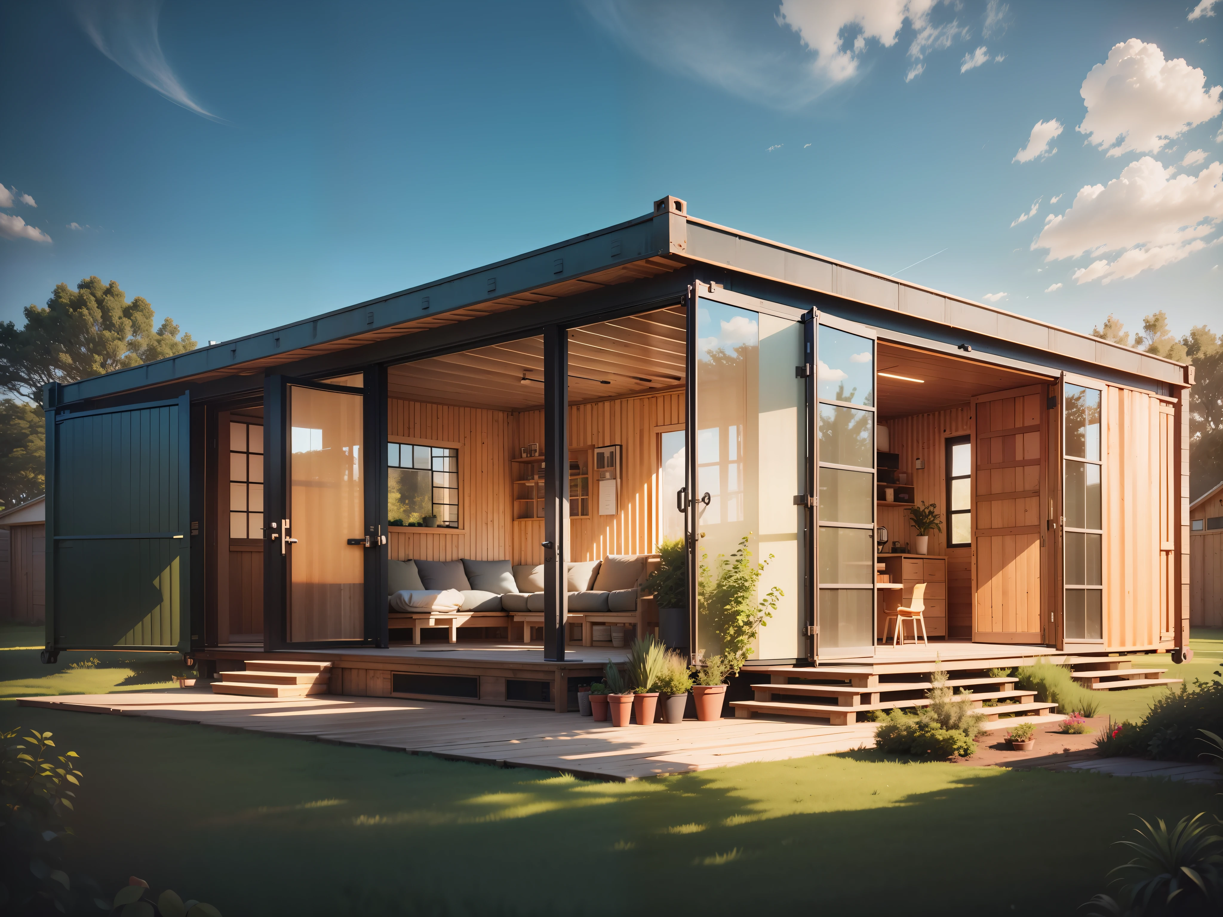 single floor, flawless architecture, accurate proportions, Shipping container as modern house style, photo realism, 8k, side wood covered, minimalist, octane rendering, true textures, sun volumetric light, dark wood theme, garden environment, master piece --auto --s2