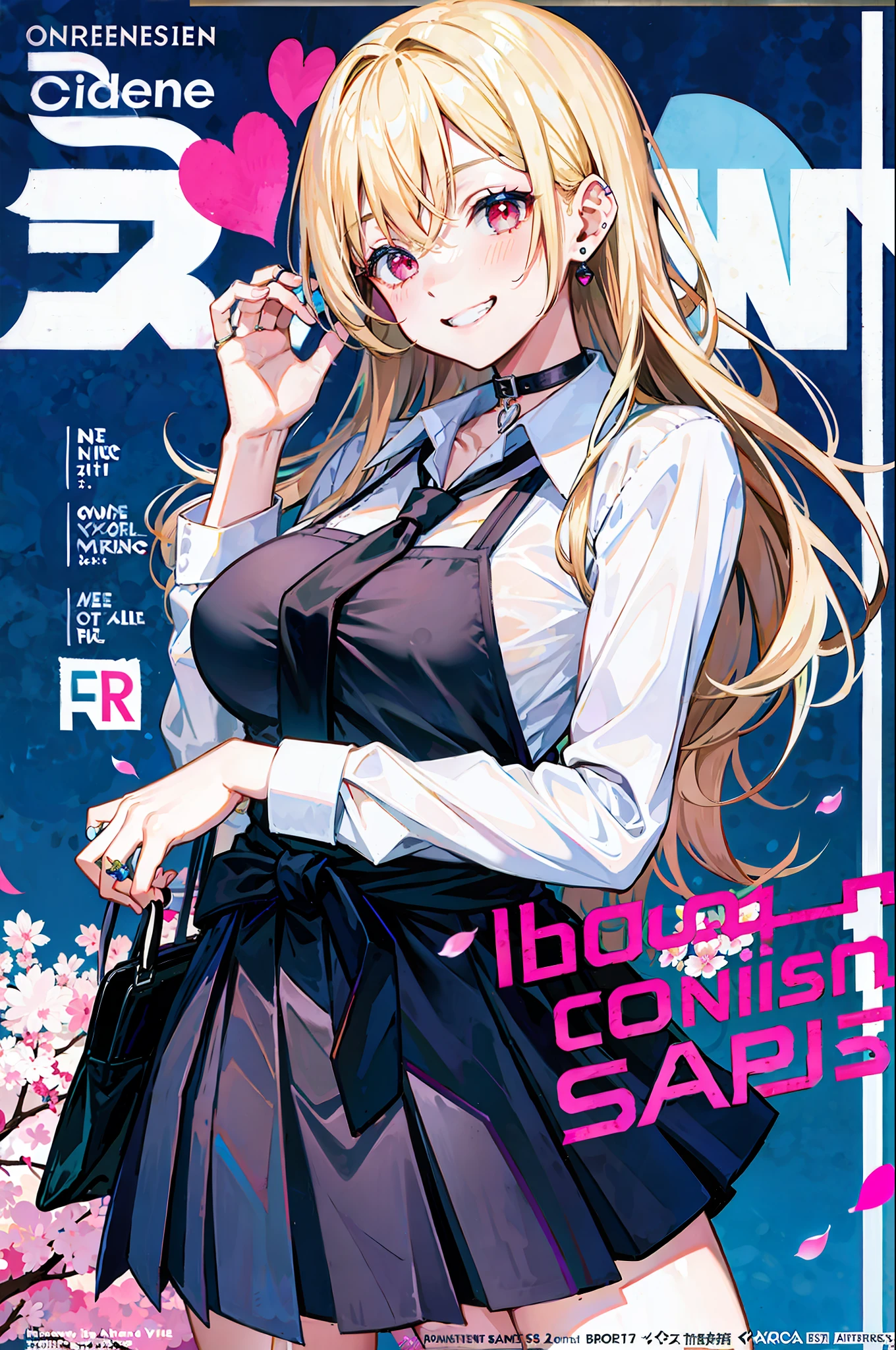 masterpiece, best quality, full body, 1girl, bangs, black choker, black necktie, blonde hair, blue skirt, blush, bracelet, breasts, choker, clothes around waist, collarbone, collared shirt, cowboy shot, dress shirt, ear piercing, eyebrows visible through hair, gradient hair, grin, gyaru, jewelry, kogal, long hair, looking at viewer, loose necktie, necktie, piercing, plaid, plaid skirt, pleated skirt, red eyes, ring, school uniform, shirt, skirt, smile, solo, white shirt, street, sky, cherry blossoms, petals,illustration, (magazine:1.3), (cover-style:1.3), fashionable, woman, vibrant, outfit, posing, front, colorful, dynamic, background, elements, confident, expression, holding, statement, accessory, majestic, coiled, around, touch, scene, text, cover, bold, attention-grabbing, title, stylish, font, catchy, headline, larger, striking, modern, trendy, focus, fashion,