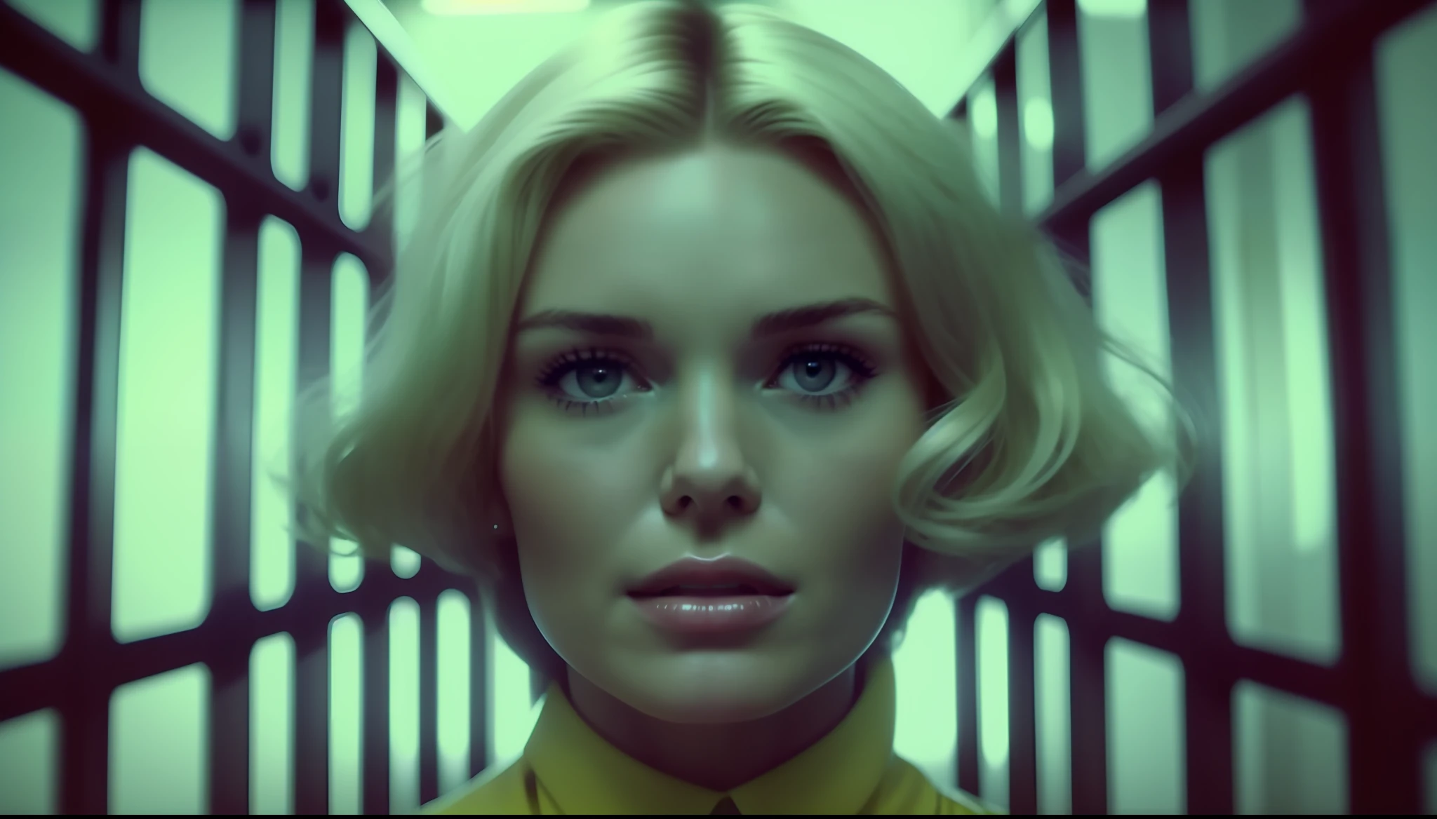 a woman (Kate Bosworth) with blonde hair in a jail cell, poster art by Richard Kane Ferguson, featured on cg society, video art, 1970s, cinematic, futuristic