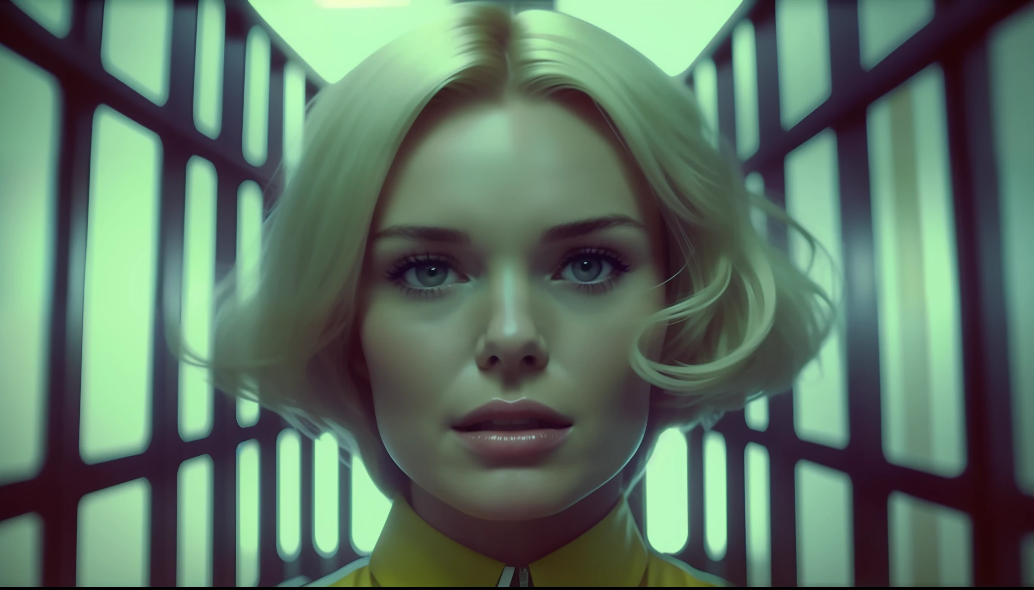 a woman (Kate Bosworth) with blonde hair in a jail cell, poster art by Richard Kane Ferguson, featured on cg society, video art, 1970s, cinematic, futuristic